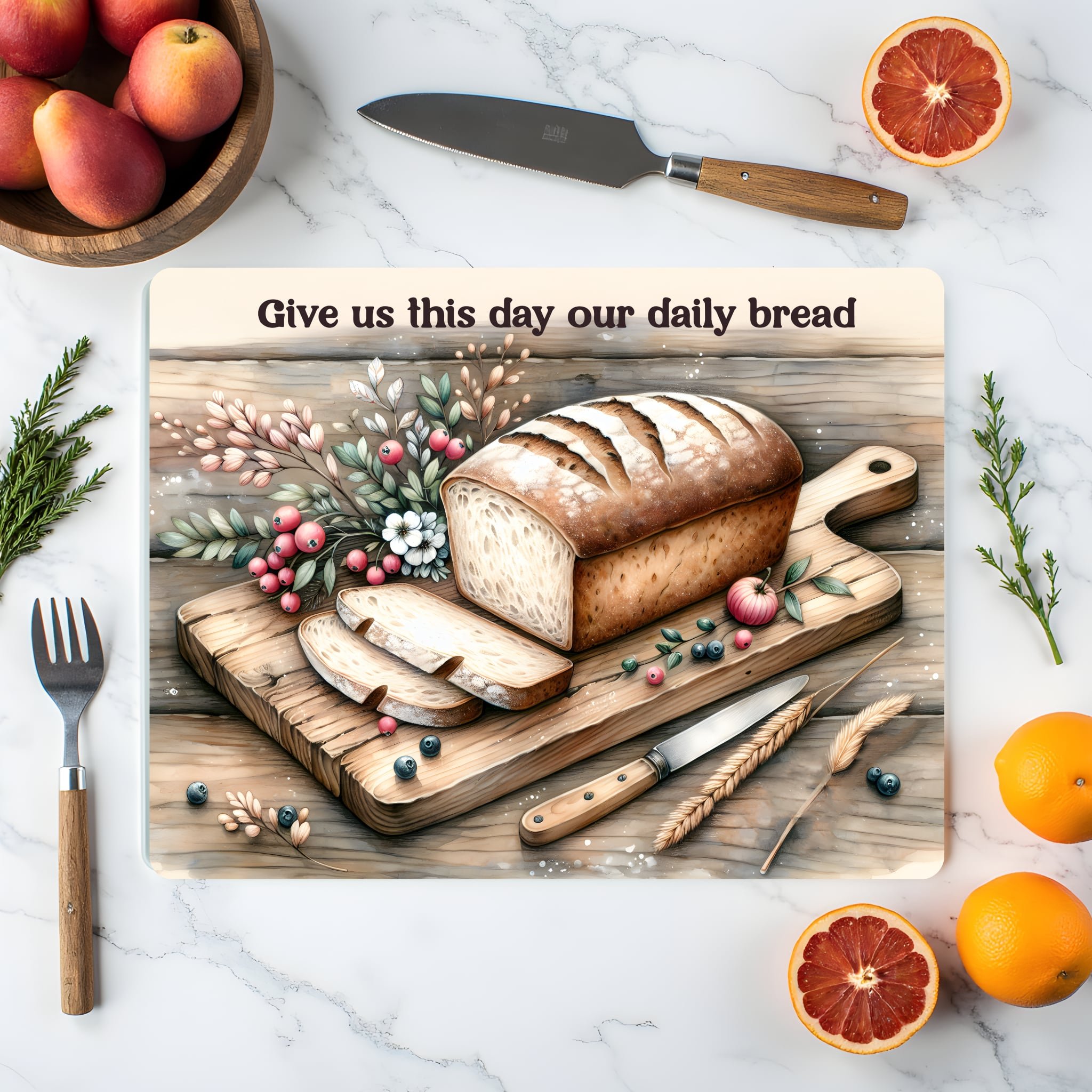 “Give Us This Day Our Daily Bread” Glass Cutting Board – Rustic Farmhouse Kitchen Decor