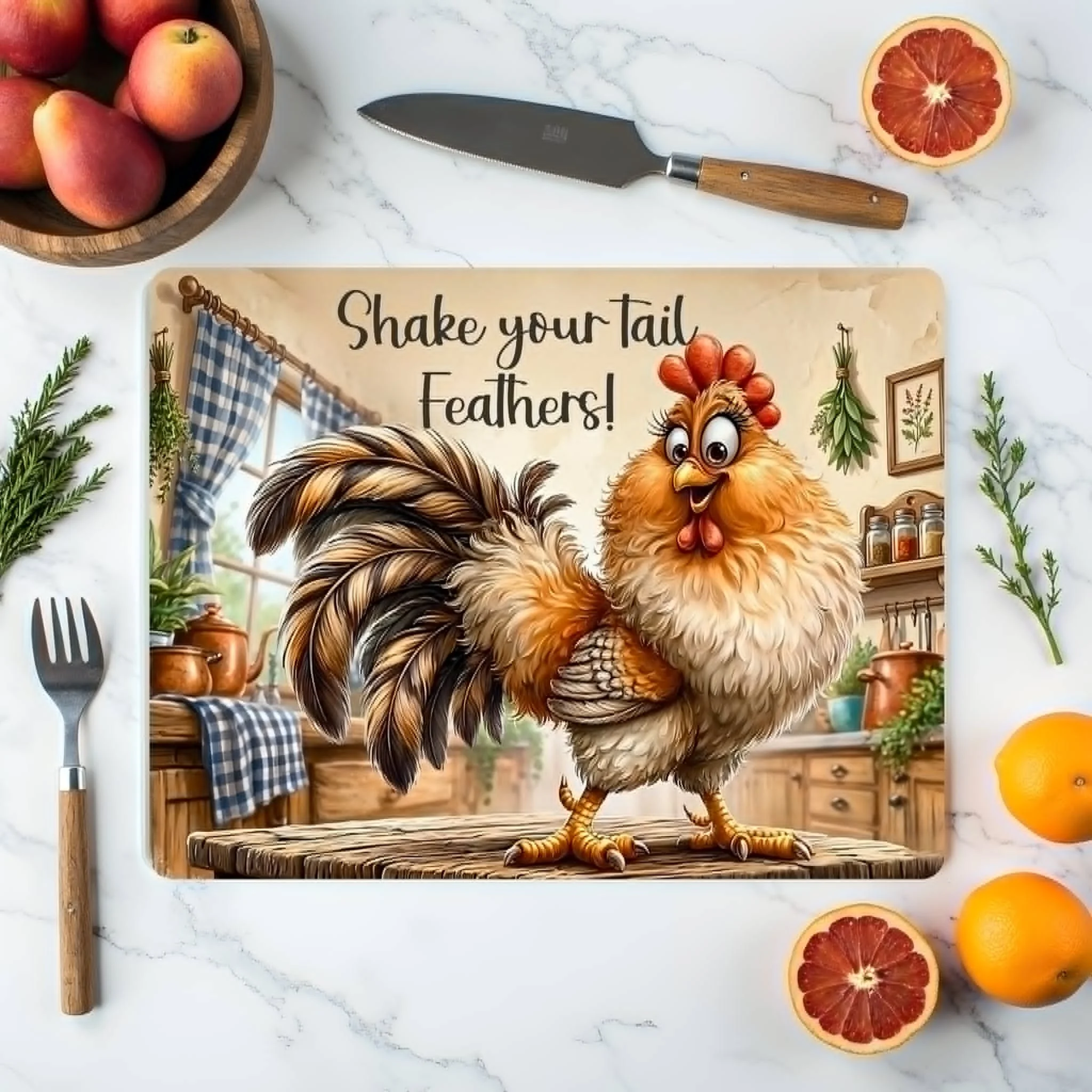 “Shake Your Tail Feathers” Chicken Glass Cutting Board – Funny Farmhouse Kitchen Decor