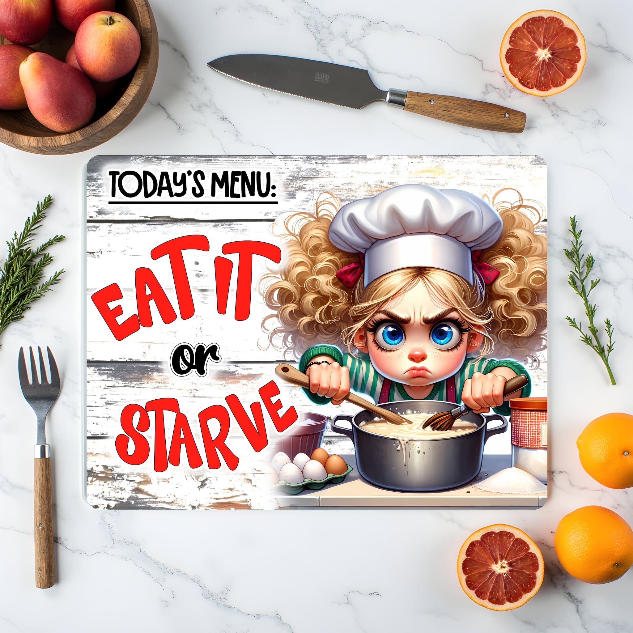 “Today’s Menu: Eat It or Starve” Funny Glass Cutting Board – Farmhouse Kitchen Decor