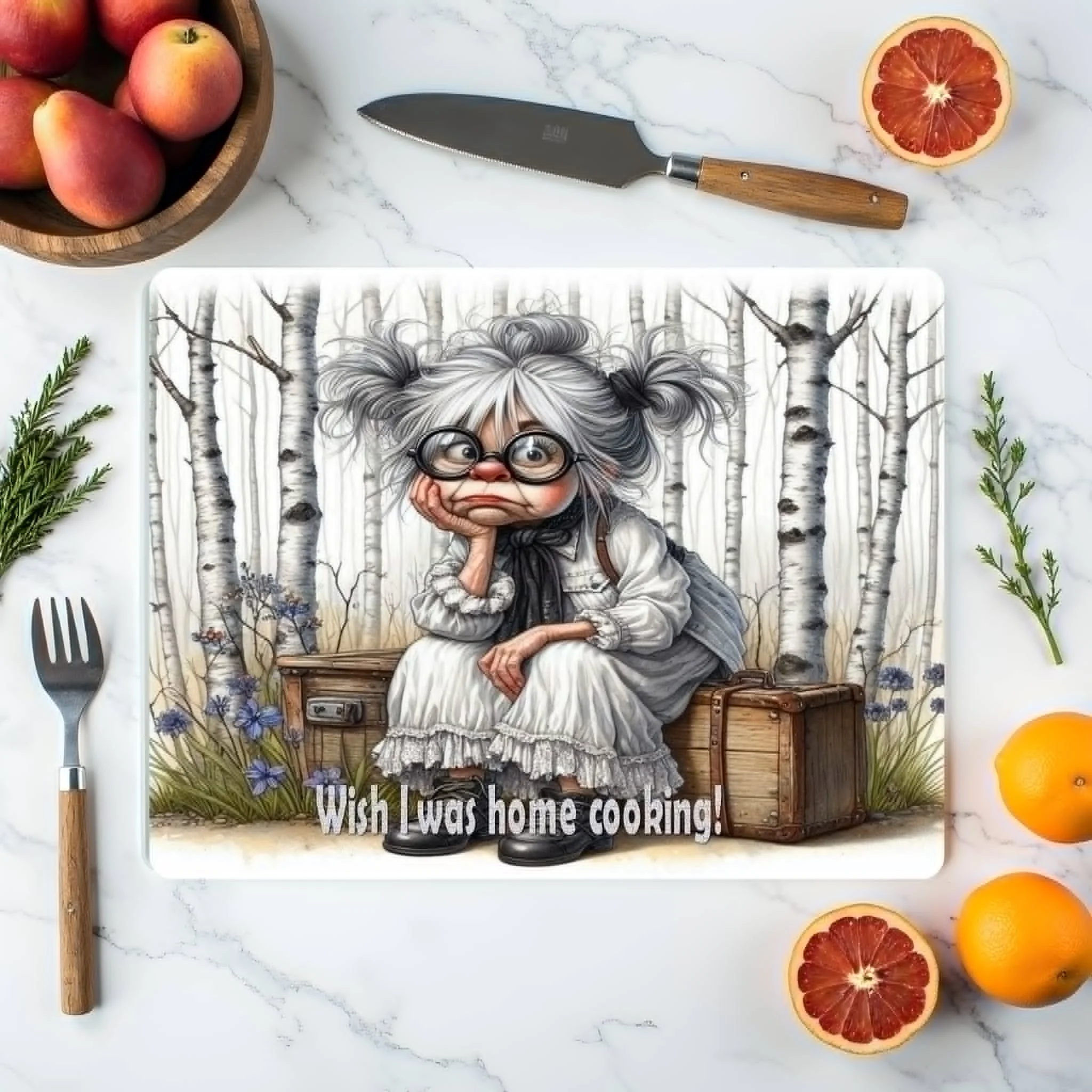 “Wish I Was Home Cooking” Glass Cutting Board – Funny Rustic Kitchen Decor