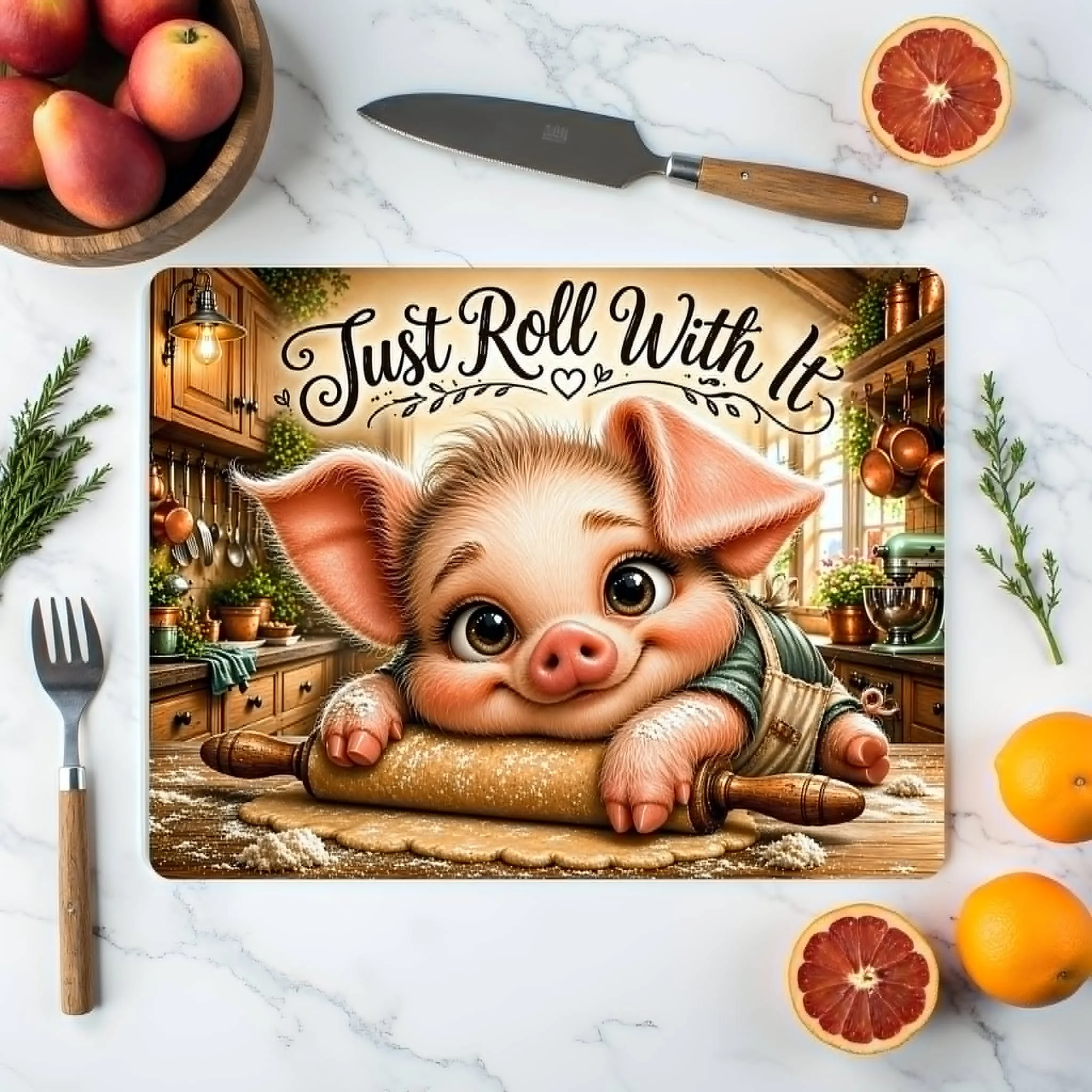 “Just Roll With It” Pig Glass Cutting Board – Farmhouse Kitchen Decor