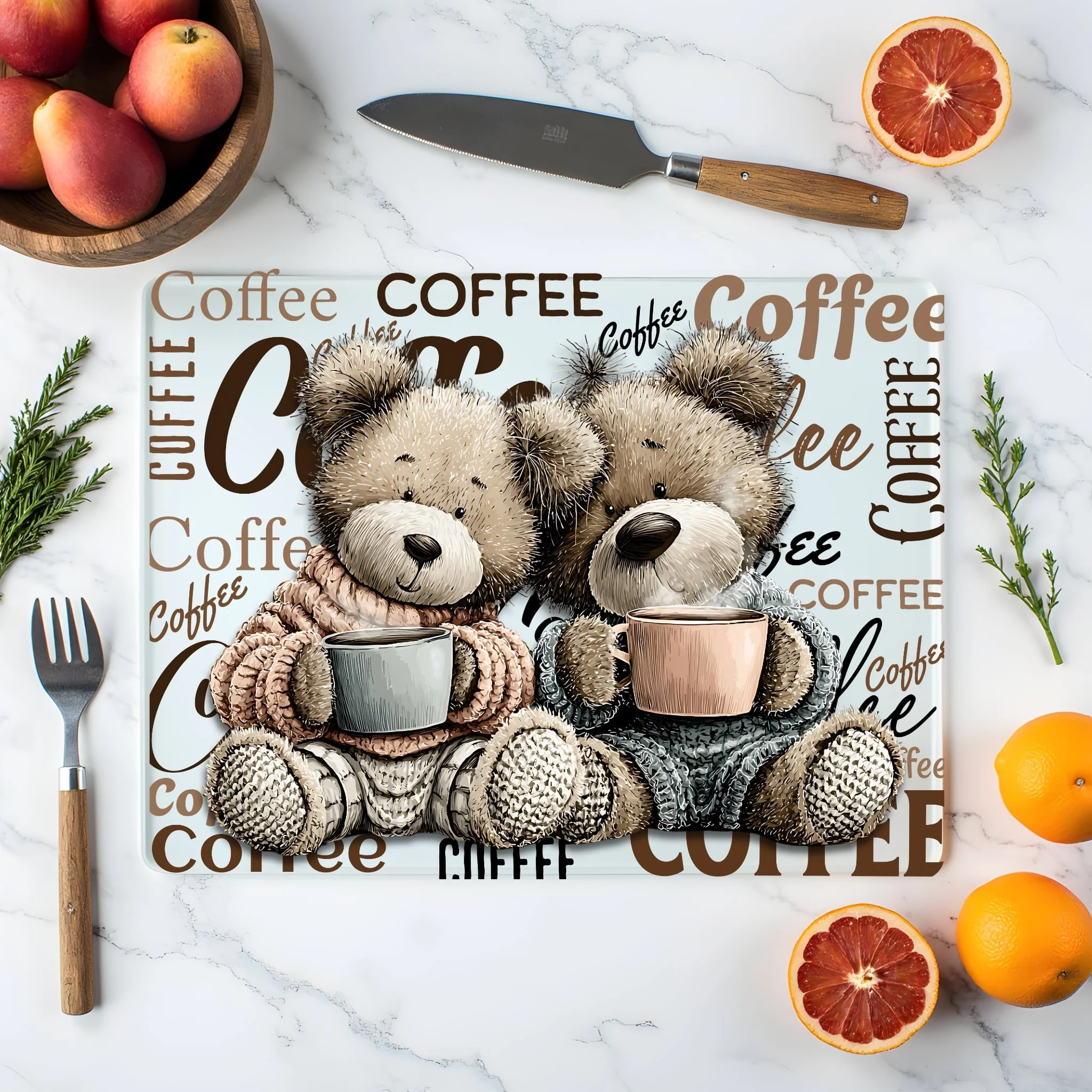 Coffee Bear Glass Cutting Board – Cozy Farmhouse Coffee Kitchen Decor