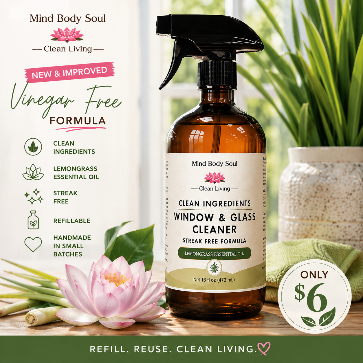 Window & Glass Cleaner | Vinegar-Free Formula | Lemongrass Essential Oil | 16 oz