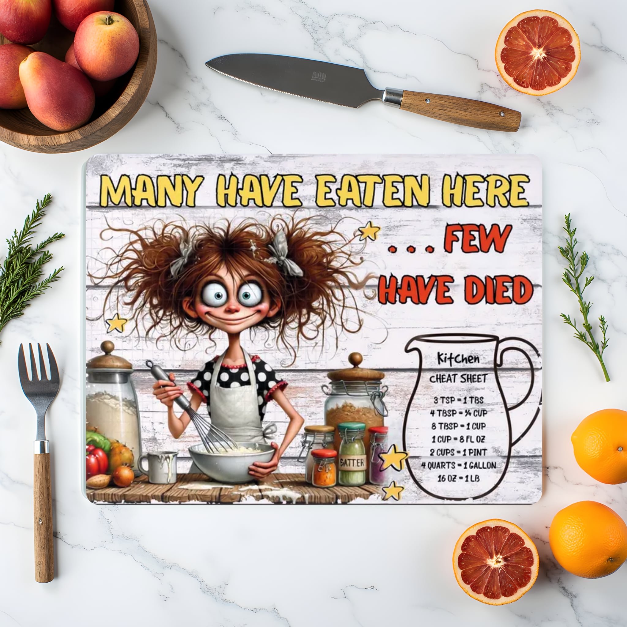 “Many Have Eaten Here… Few Have Died” Funny Glass Cutting Board – Rustic Kitchen Decor