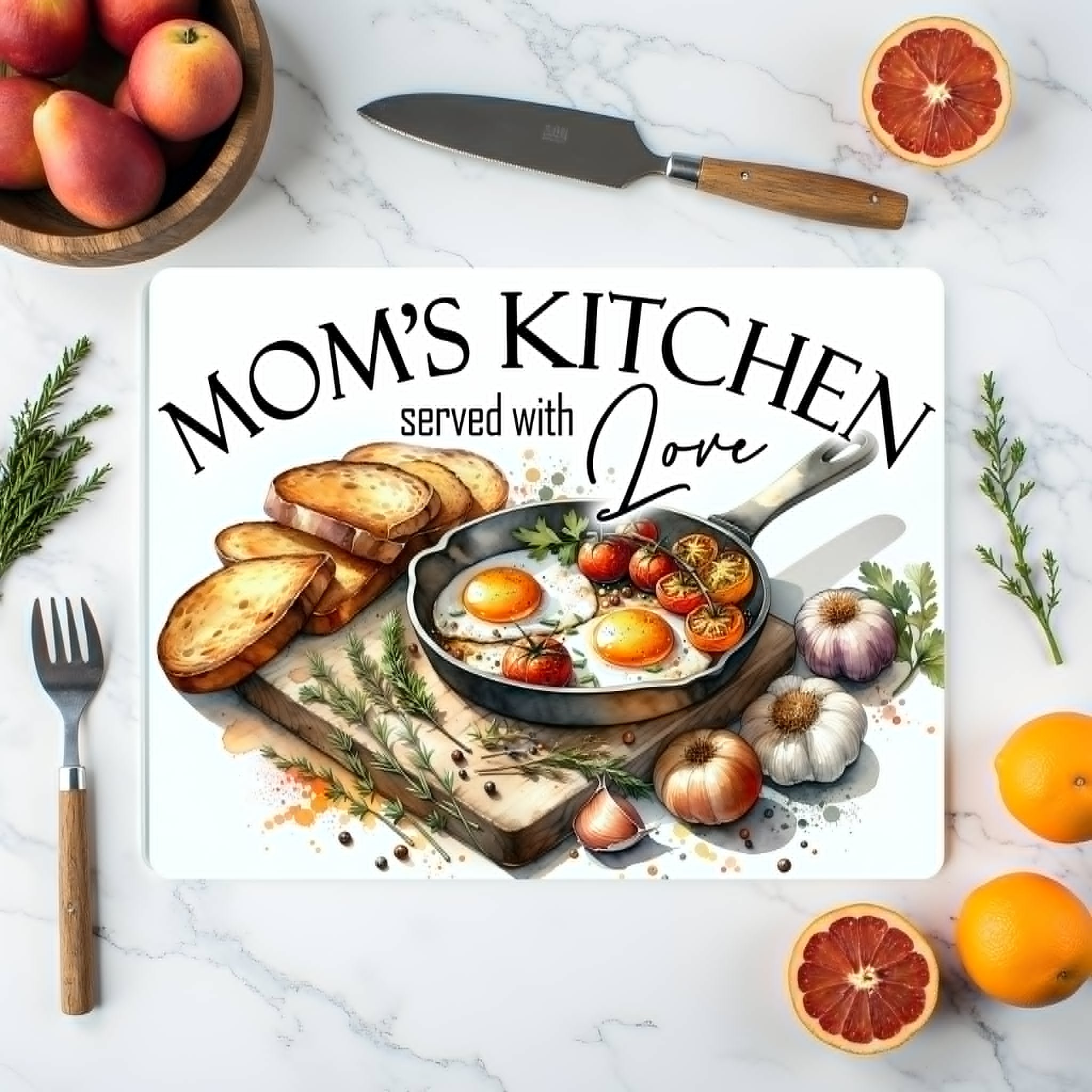 “Mom’s Kitchen Served With Love” Glass Cutting Board – Farmhouse Kitchen Decor