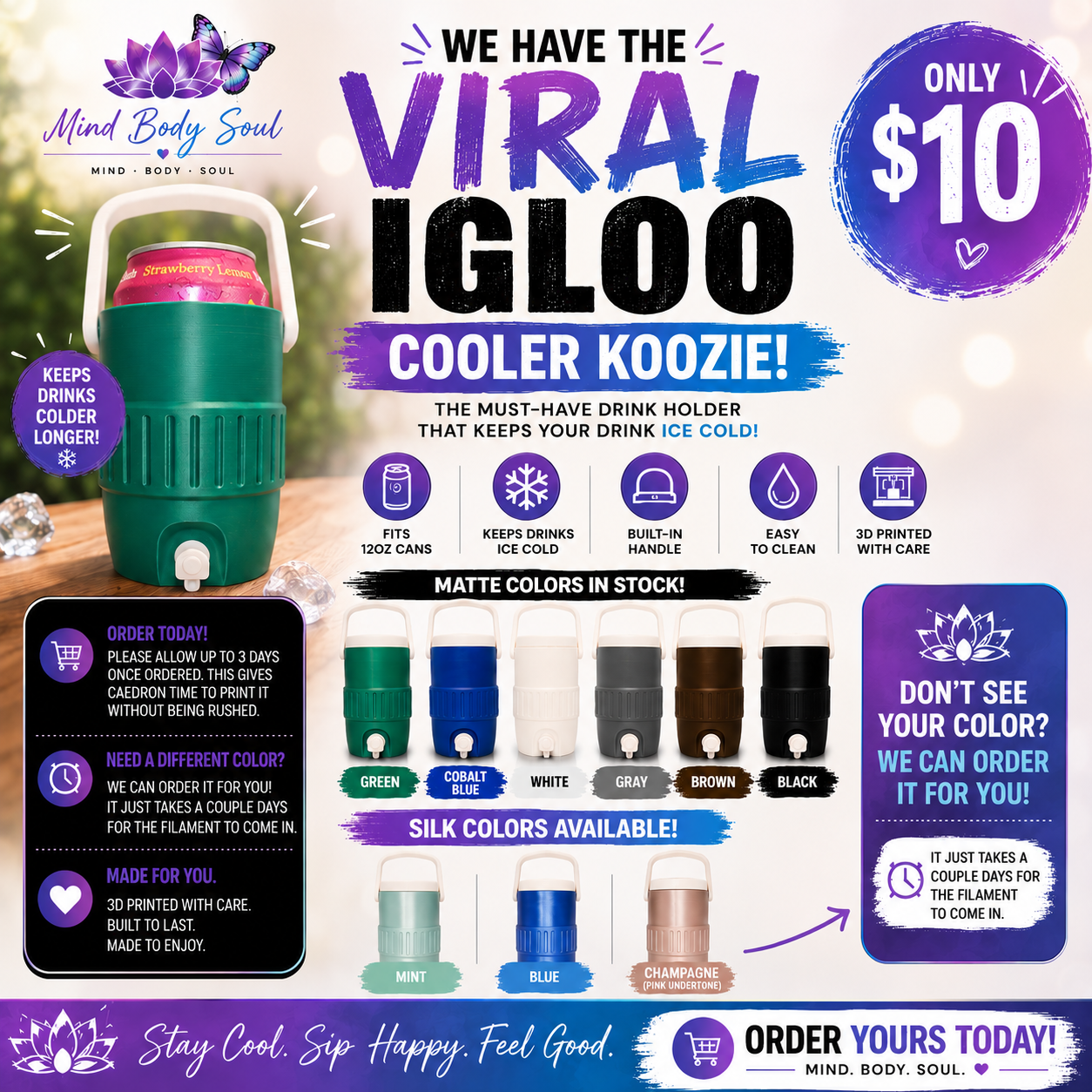 Viral Igloo Cooler Koozie | 3D Printed Drink Holder | Custom Colors Available