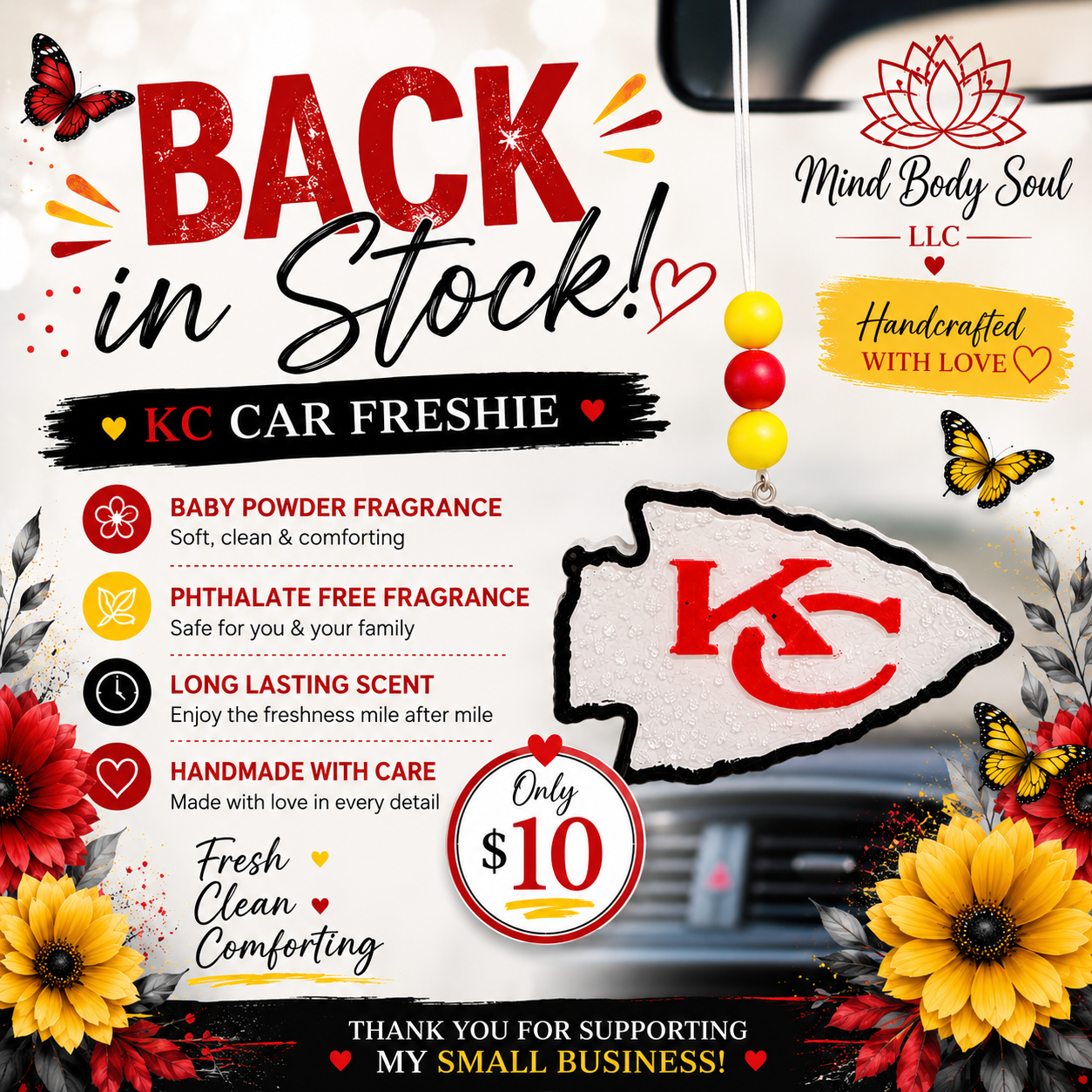 KC Chiefs Car Freshie | Baby Powder | Phthalate Free Fragrance