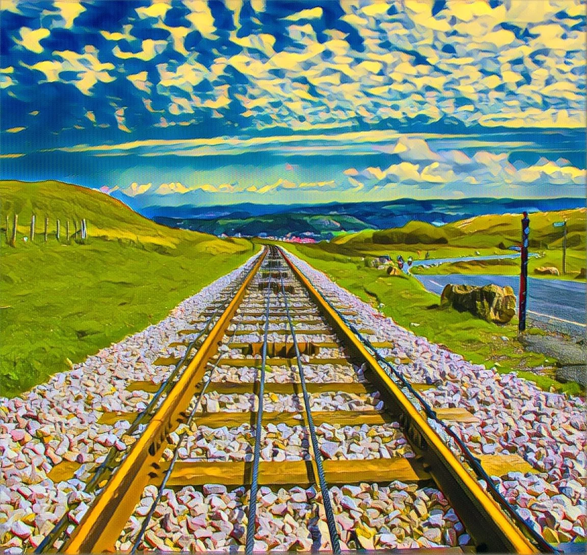 Colorful digital painting of railroad tracks stretching into the distance with grassy hills, a small river, and a cloudy sky. Photography by photographer based in Southam, Warwickshire