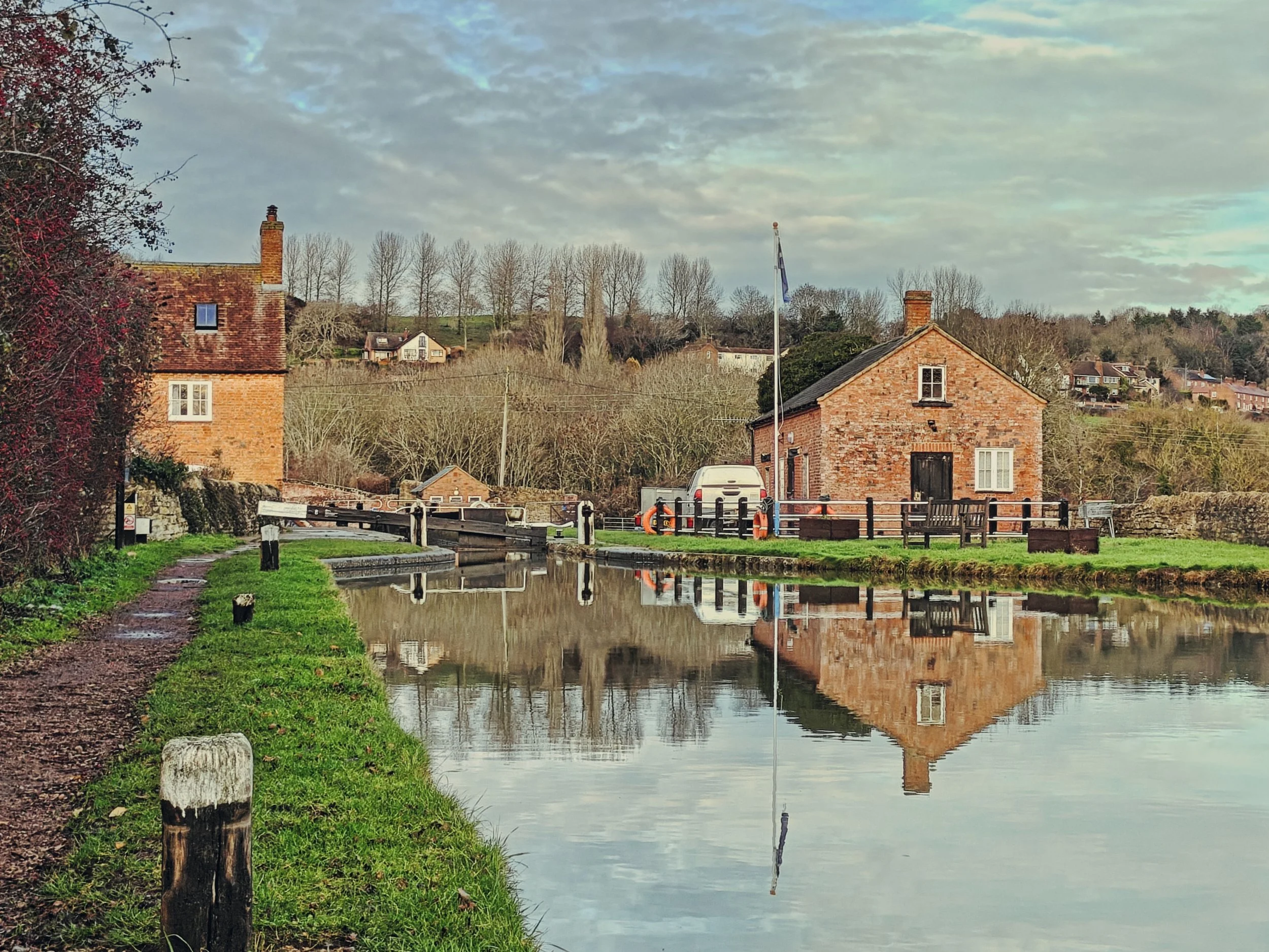 Napton Locks of the Grand Union Canal with the village in the background