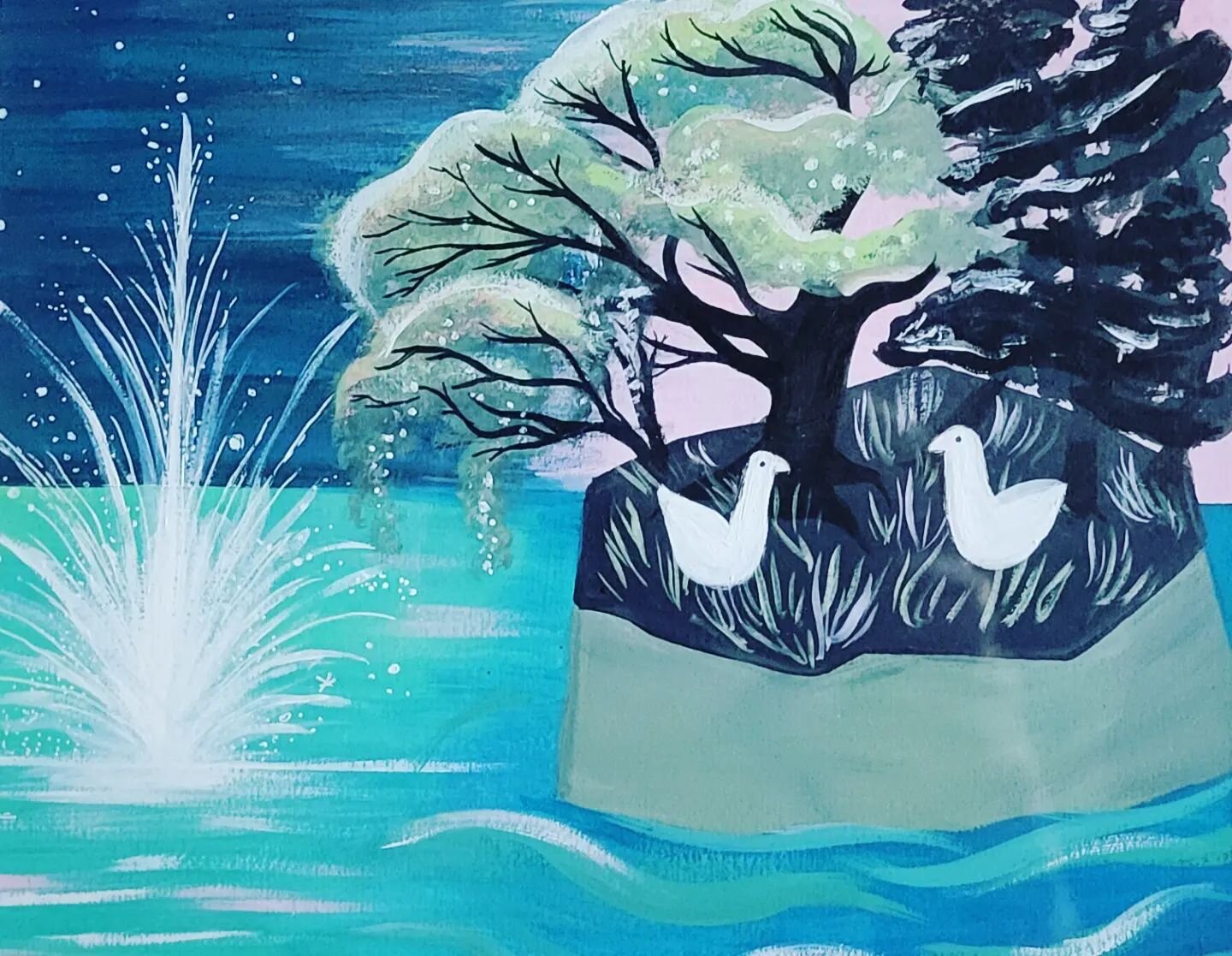 Okay, full stop - how charming and sweet is this piece by @lizmacdraws !? 

Adorable and endearing, here's 'Sullivan's Dusk,' a whimsical look at our beloved Sullivan's Pond. See it in person today from 11-4 or get in touch for details. ⛲️ 🎨