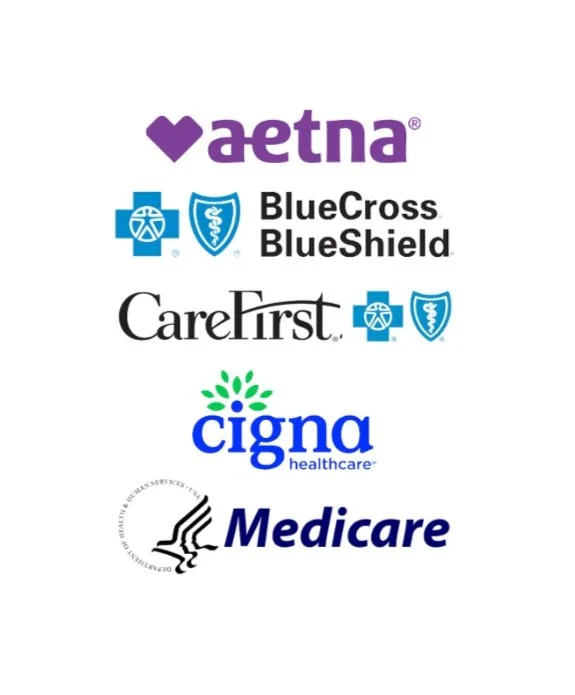 A vertical list of healthcare-related logos including Aetna, Blue Cross Blue Shield, CareFirst, Cigna Healthcare, and Medicare.