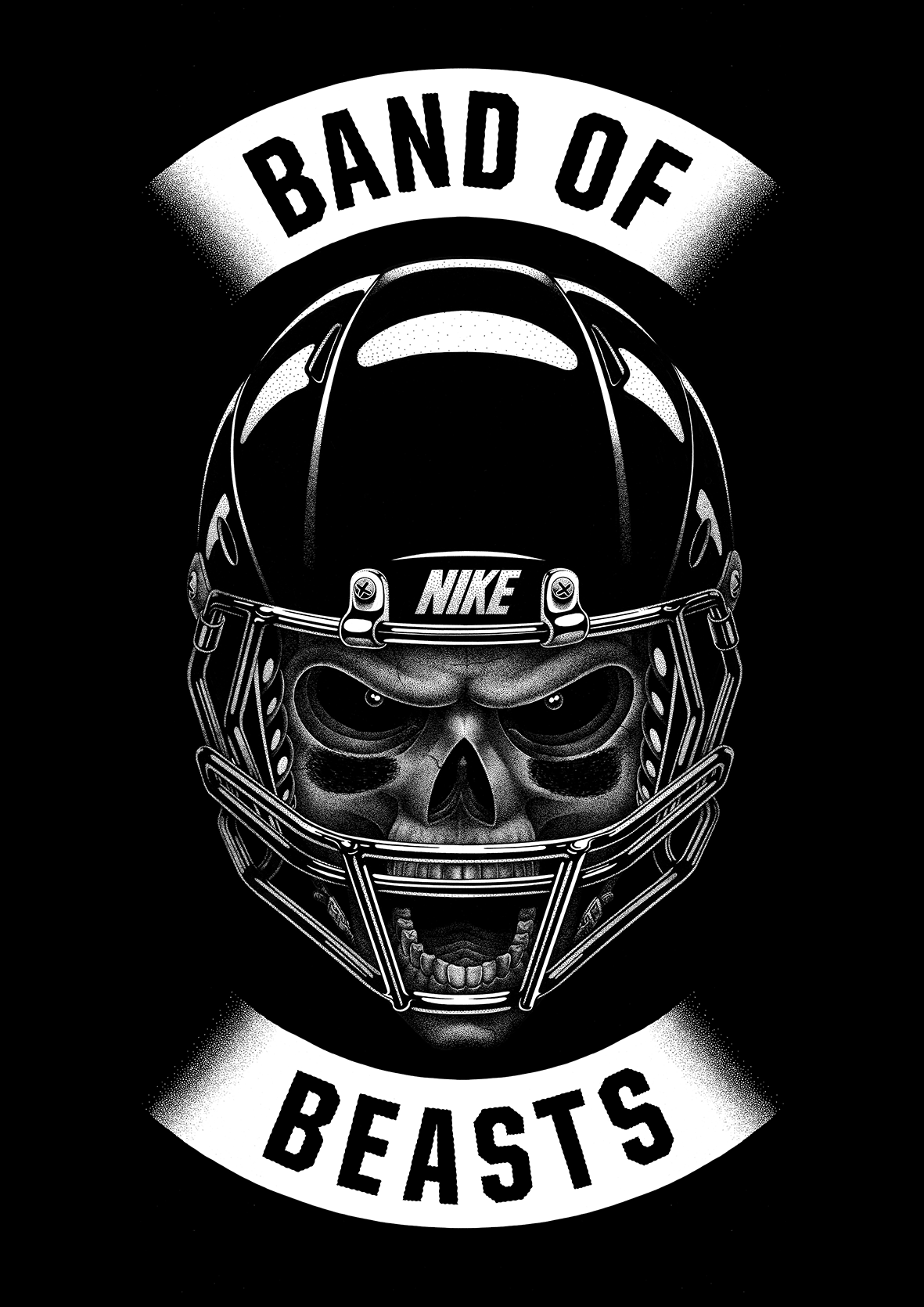 Illustration visuelle en pointillisme (dotwork) de l'artiste Shane Hello représentant un crâne hyper détaillé portant un casque de football américain gravé du nom Nike. Deux bannières en demi-cercle encadrent le visuel avec l'inscription "BAND OF BEA