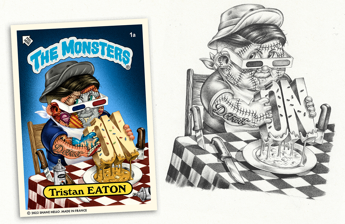 Carte à collectionner rétro par Shane Hello intitulée « Tristan EATON » de la série « THE MONSTERS » (parodie des Garbage Pail Kids / Les Crados). L'illustration montre un personnage au visage rapiécé façon Frankenstein portant des lunettes 3D, une c