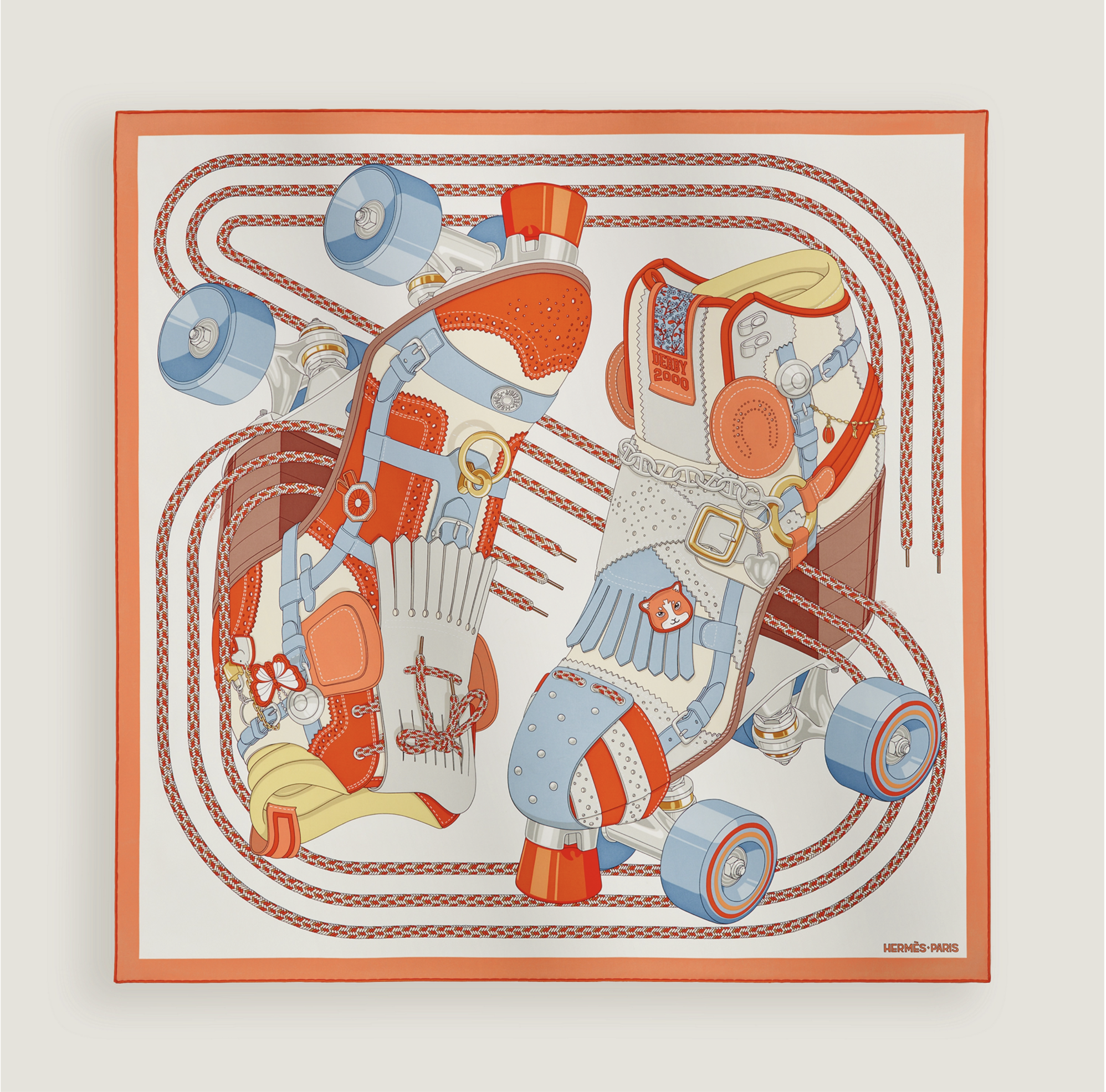 Illustration d'un carré de soie Hermès Paris représentant deux patins à roulettes quad vintage ornés de détails luxueux. Le patin de gauche est orange avec des empiècements en cuir perforé et une frange blanche, tandis que le patin de droite est blan
