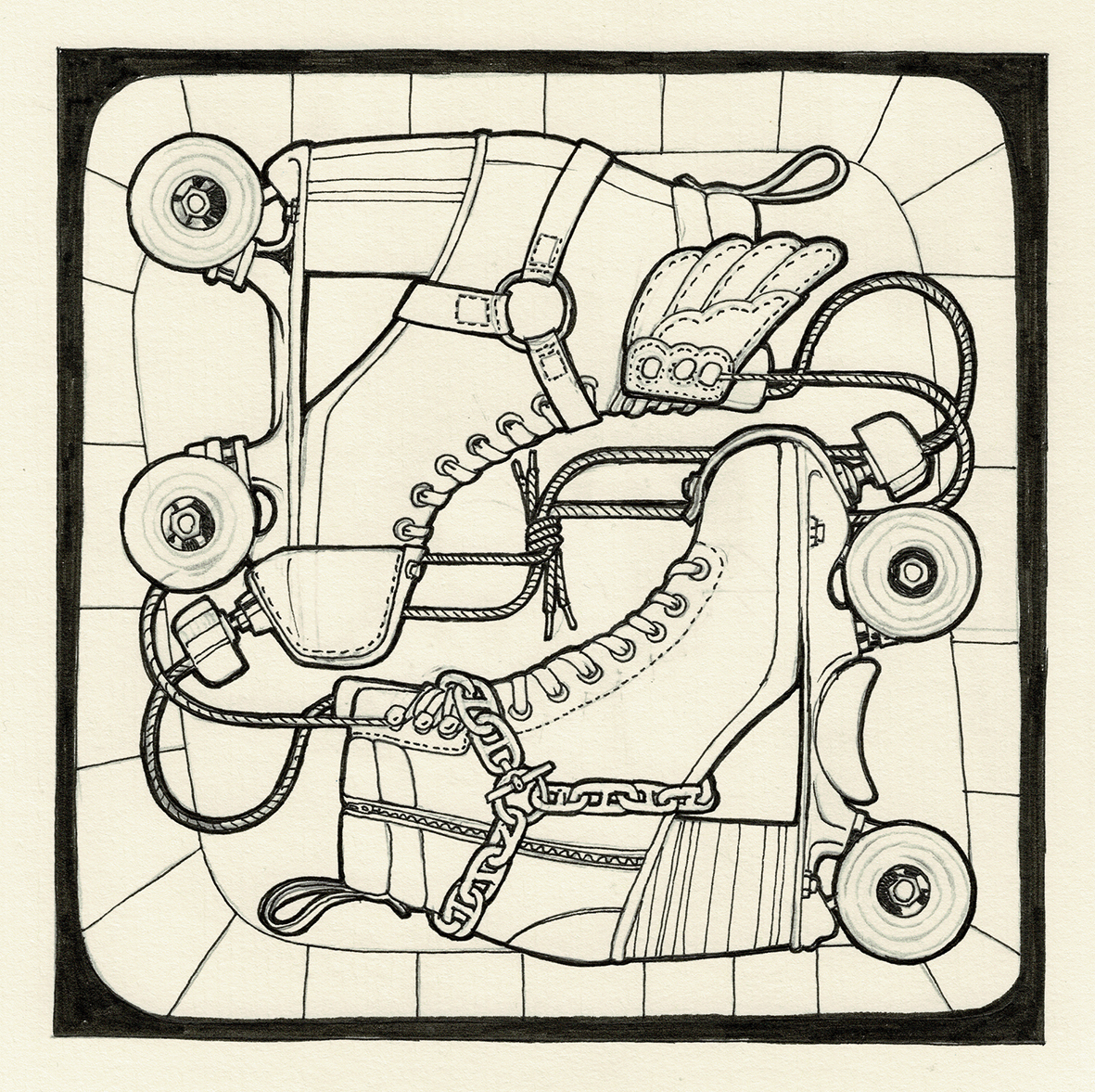 Cette illustration au trait noir sur papier grainé est une esquisse conceptuelle issue du carnet de croquis (sketchbook) de l'artiste Shane hello, réalisée lors de la phase de recherche pour le projet « Derby 2000 ».