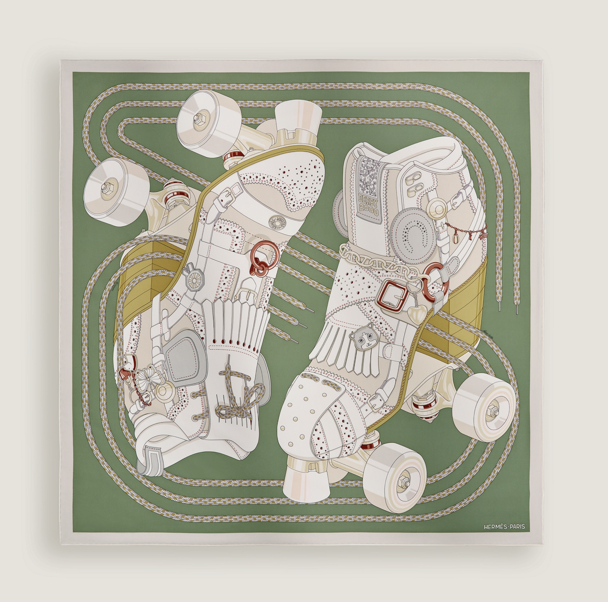 Cette illustration vectorielle met en scène une déclinaison chromatique douce et organique du projet de carré de soie, nommée derby 2000. L'œuvre est présentée à plat sur un fond crème neutre.
La composition centrale se détache sur un fond vert sauge