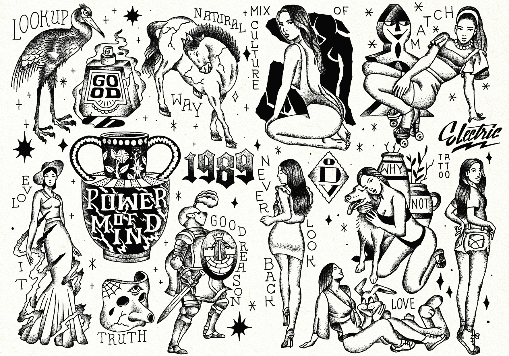 Planche de flashs de tatouage en noir et blanc par l'artiste Shane Hello. L'illustration rassemble une riche variété de motifs dessinés en dotwork et hachures : une grande vase grec antique gravé « POWER OF MIND IN », un cheval cabré « NATURAL WAY »,