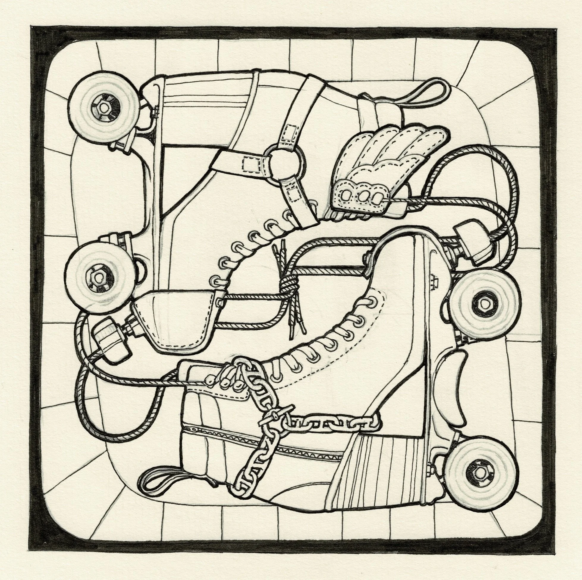 Cette illustration en noir et blanc, réalisée à l'encre et au crayon sur un papier texturé de couleur crème, représente un dessin préparatoire issu d'un carnet de croquis. La composition s'organise de manière symétrique et tête-bêche, mettant en scèn