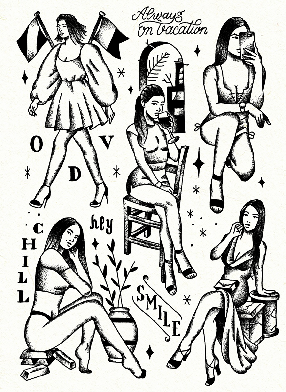 Planche de flashs de tatouage en noir et blanc par Shane Hello représentant des pin-ups modernes et instagrameuses. L'illustration rassemble cinq figures féminines dessinées en dotwork et hachures : une femme défilant avec deux drapeaux, une autre pr