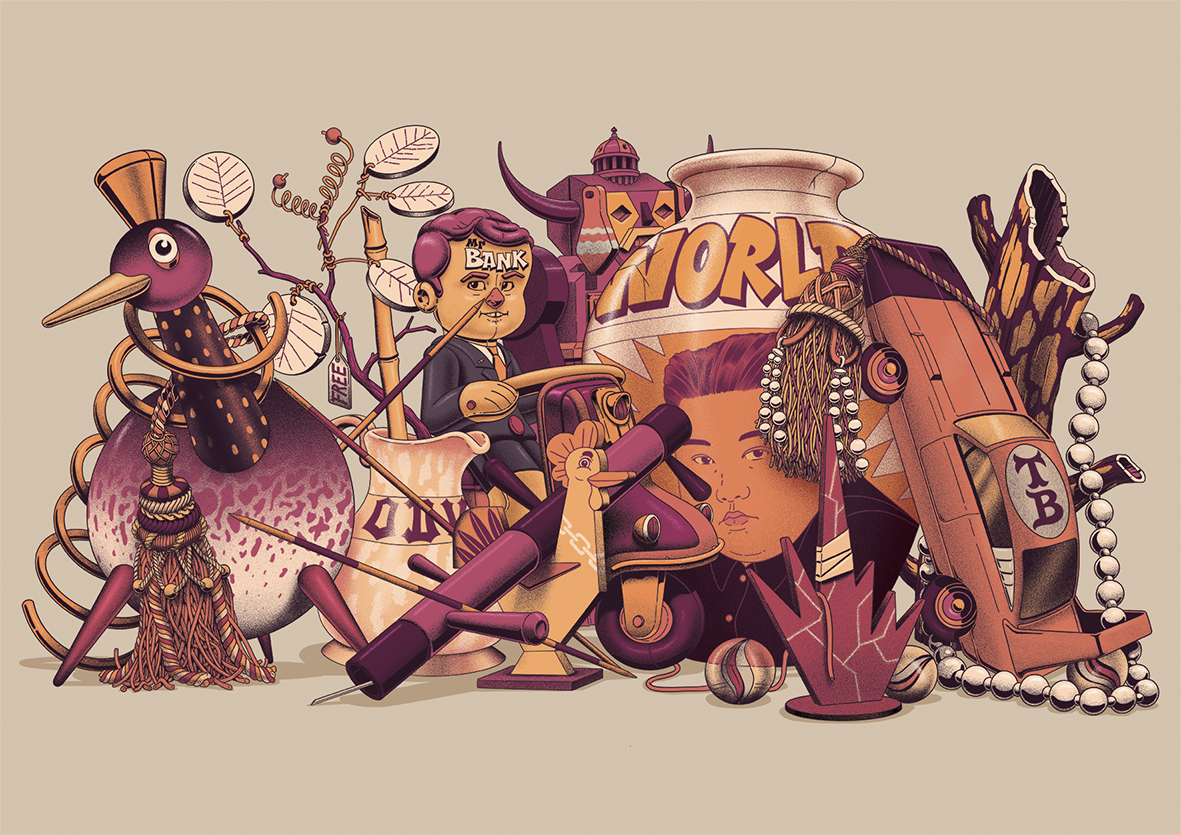 Illustration contemporaine intitulée « Guernishane » par l'artiste Shane Hello, représentant une nature morte surréaliste et saturée d'objets dans une palette de teintes bordeaux, ocre et rose poudré. La composition réunit un oiseau en céramique, un 