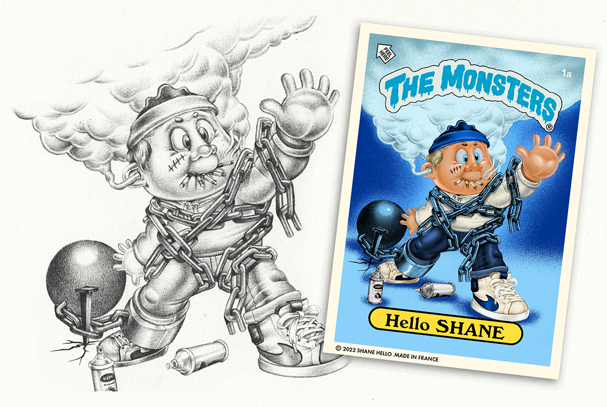 Carte à collectionner illustrée intitulée « Hello SHANE » de la série « The Monsters » (1a) par Shane Hello (2022). Dessin rétro style Garbage Pail Kids / Les Crados représentant un personnage entravé par des chaînes métalliques et un boulet. Il fume