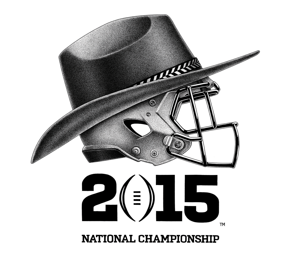 Illustration en pointillisme (dotwork) noir et blanc sur fond blanc réalisée par l'artiste Shane Hello. Le visuel montre un casque de football américain coiffé d'un chapeau de cowboy style stetson. En dessous figure la typographie "2015 NATIONAL CHAM