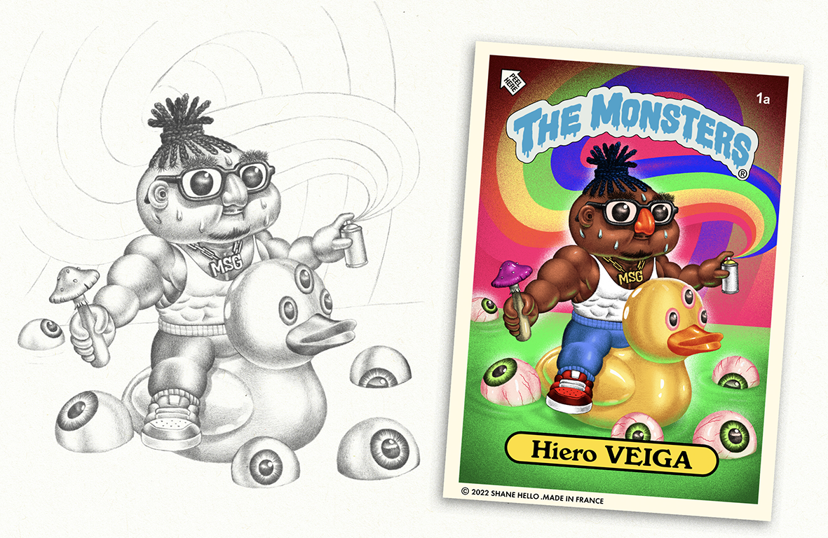 Présentation côte à côte du croquis au crayon et de la carte couleur finale « THE MONSTERS » dédiée à Hiero Veiga par Shane Hello. L'illustration au style des « Crados » (Garbage Pail Kids) montre un personnage musculieux à lunettes et dreadlocks che