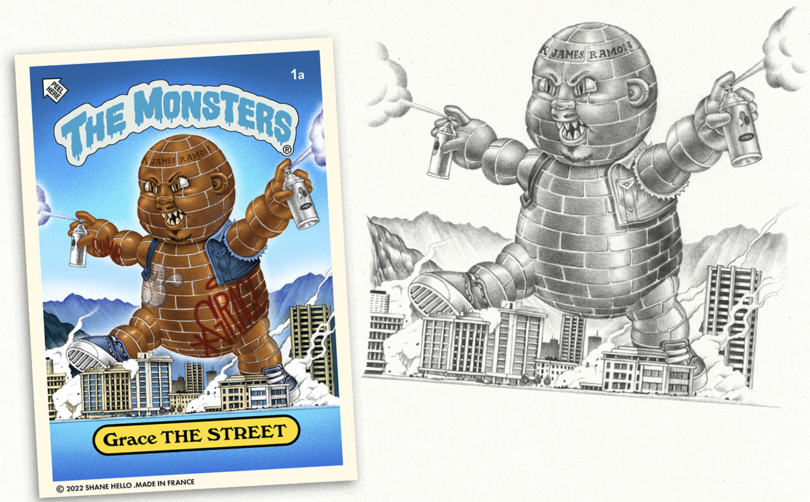 Comparaison de l'illustration finale colorée pour la carte à collectionner 'The Monsters' intitulée 'Grace THE STREET' (illustration-carte-the-monsters-grace-the-street-shane-hello.webp) à gauche, et son croquis au crayon détaillé d'origine à droite.