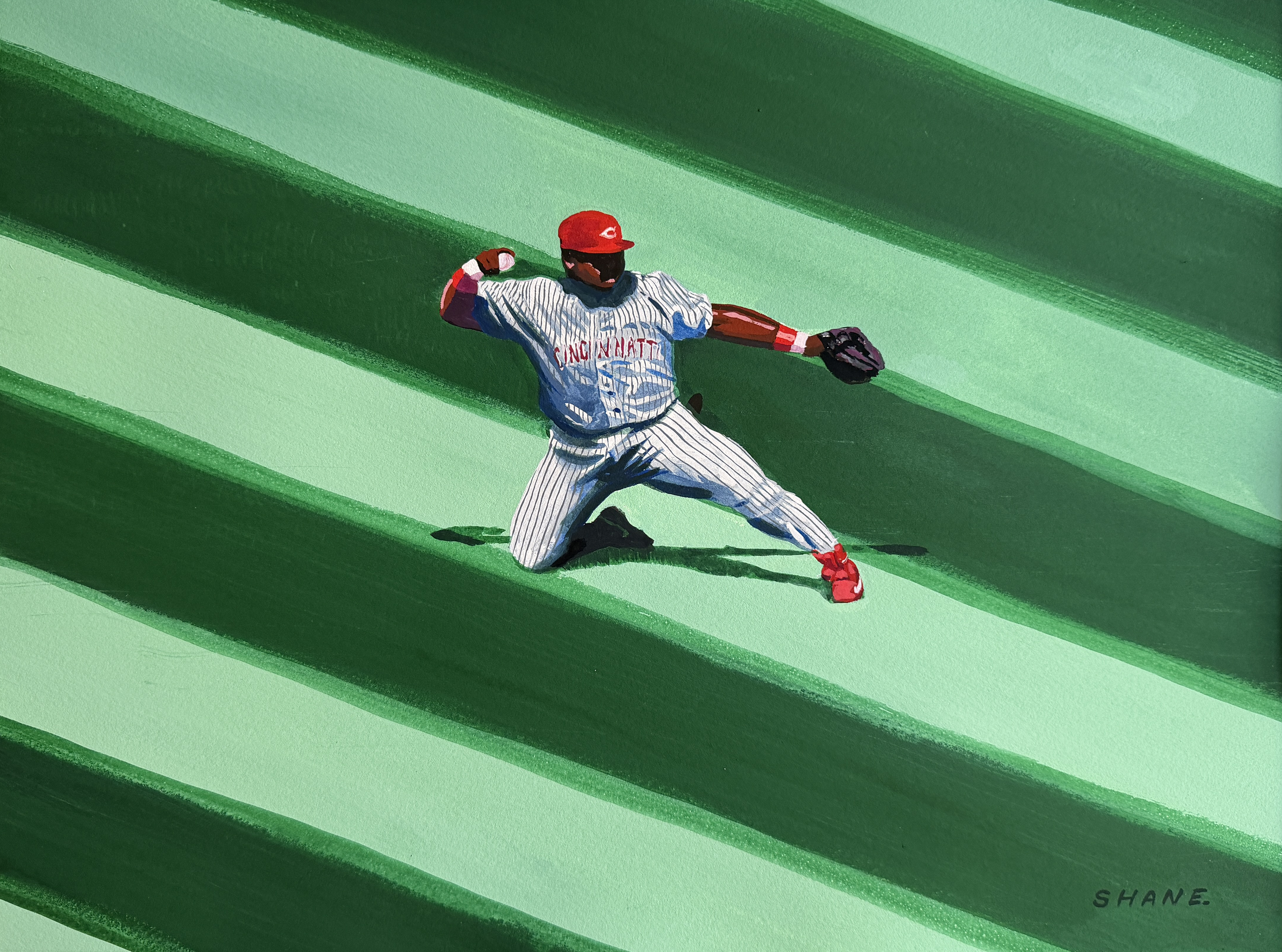 Peinture à la gouache d'un joueur de baseball de Cincinnati en train de lancer sur un terrain aux rayures vertes, réalisée par l'artiste Shane Hello.