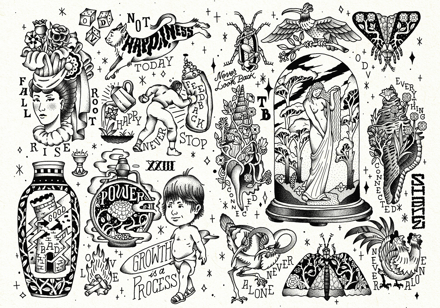 Planche de flashs de tatouage en noir et blanc par l'artiste Shane Hello. L'illustration rassemble une multitude de motifs gravés en dotwork et hachures : une femme sous une cloche en verre, un boxeur frappant un sac « Feedback », un enfant portant u