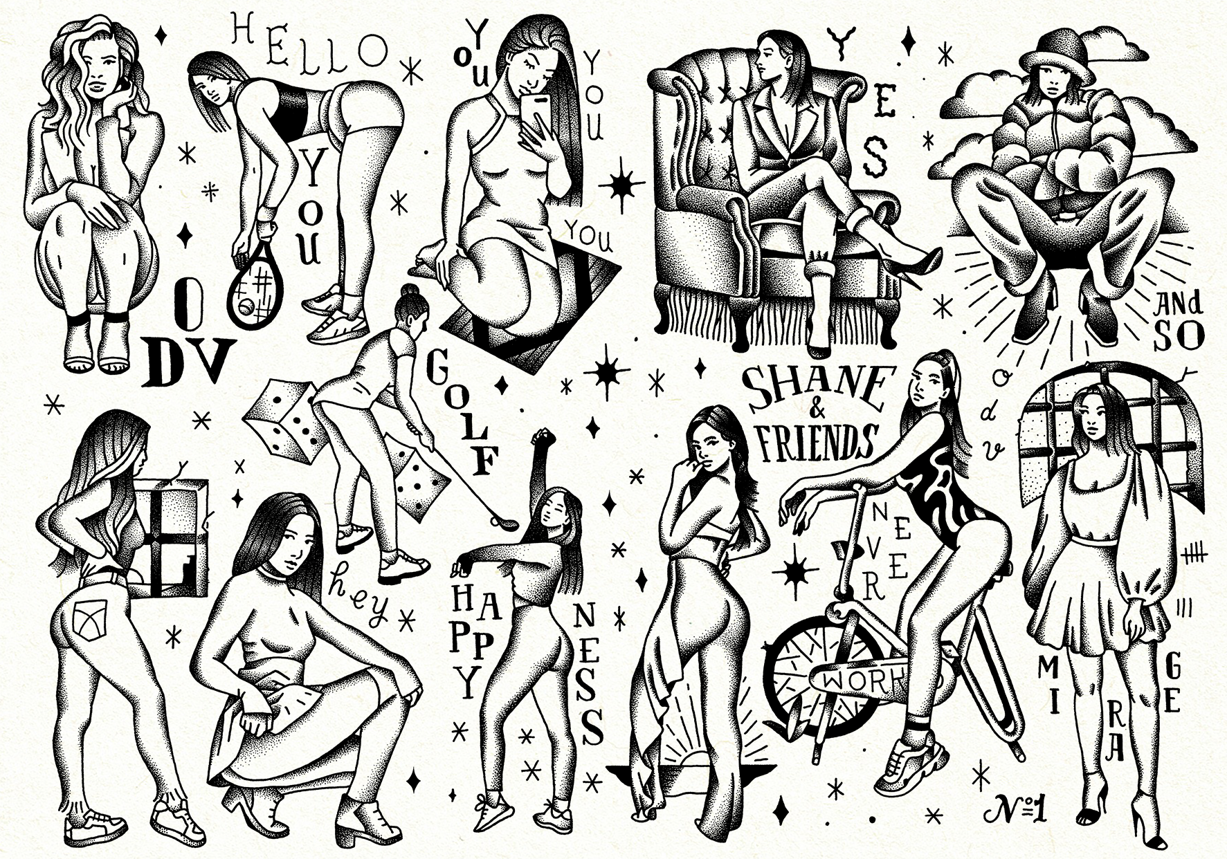 Planche de flashs de tatouage en noir et blanc intitulée « SHANE & FRIENDS » par l'artiste Shane Hello. L'illustration rassemble divers portraits féminins inspirés de la pop culture et d'Instagram (style Dua Lipa) : une femme faisant un selfie smartp