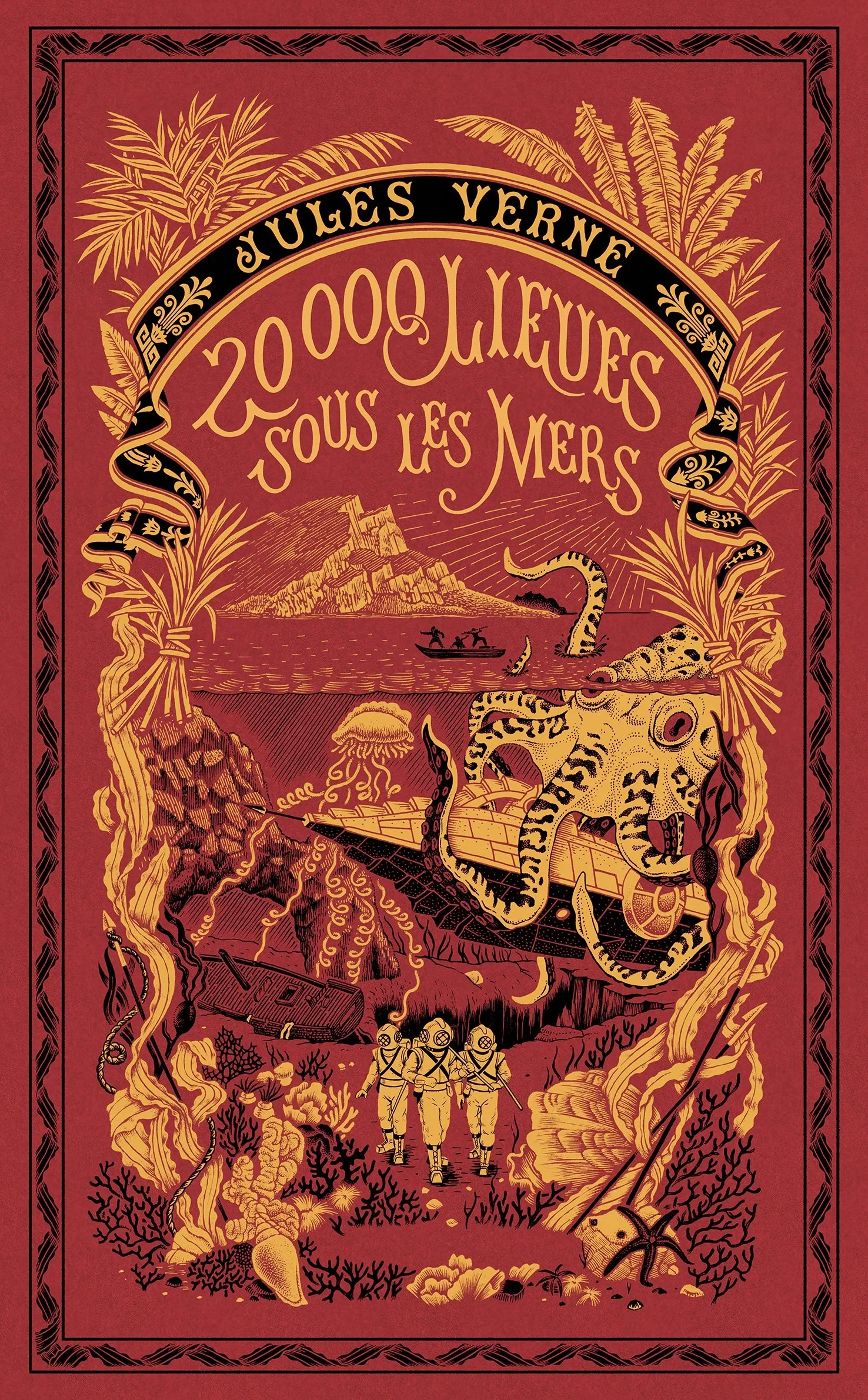 Illustration de couverture Jules Verne 20000 lieues sous les mers style cartonnage Hetzel rouge et or