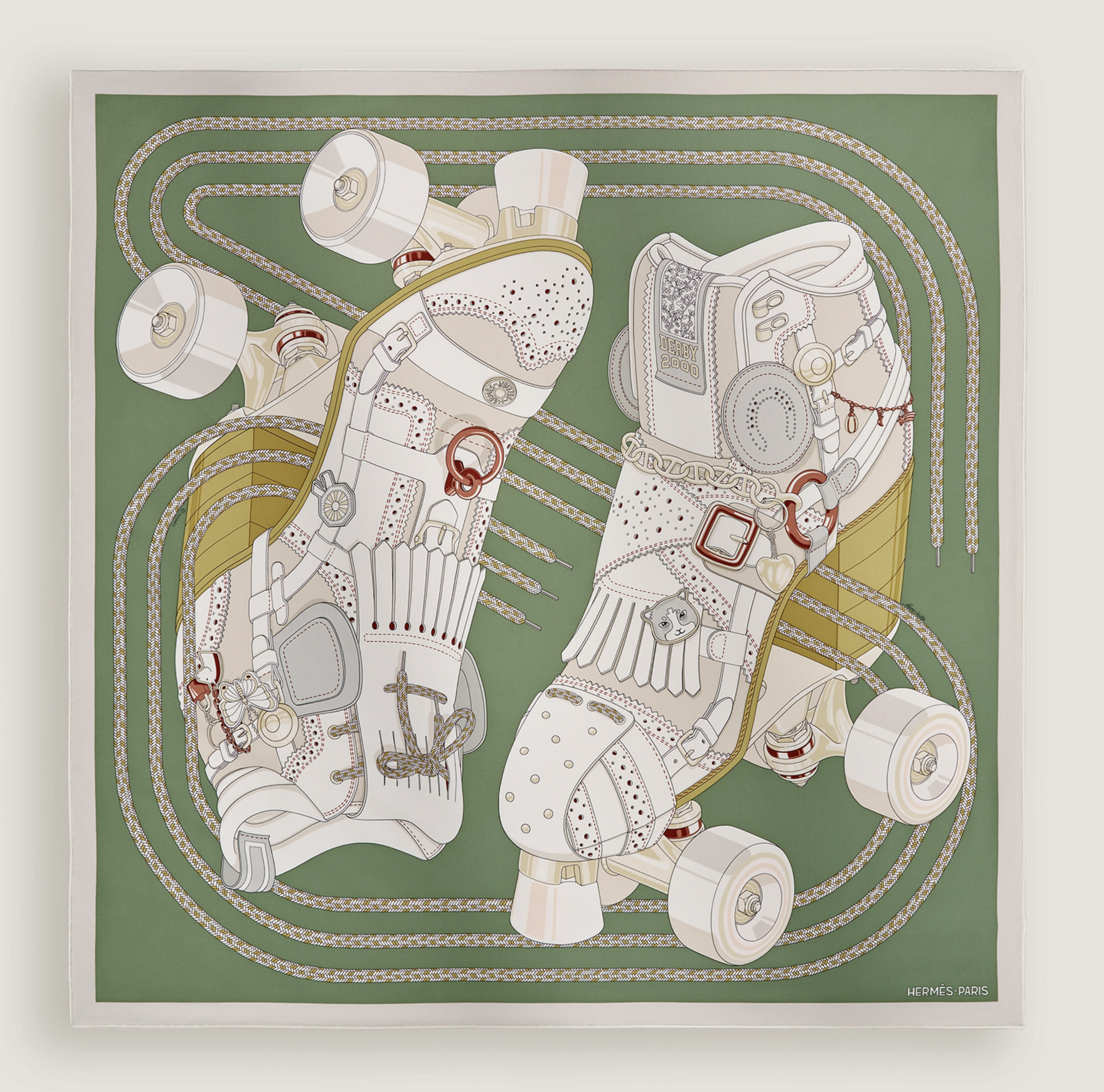 Illustration à plat du carré en soie Hermès "Derby 2000" par l'artiste Shane hello, présentant un motif vintage de patins à roulettes quad dans une déclinaison de vert sauge, blanc crème, doré et rouge bordeaux.