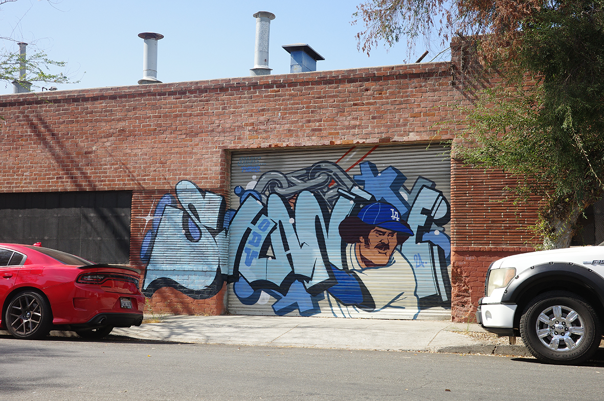 Photographie de rue à Los Angeles montrant un grand graffiti mural bleu vif sur une porte de garage en métal d'un bâtiment en briques rouges. La fresque représente le mot "SHANE" en lettres stylisées et le portrait réaliste du joueur de baseball Fern