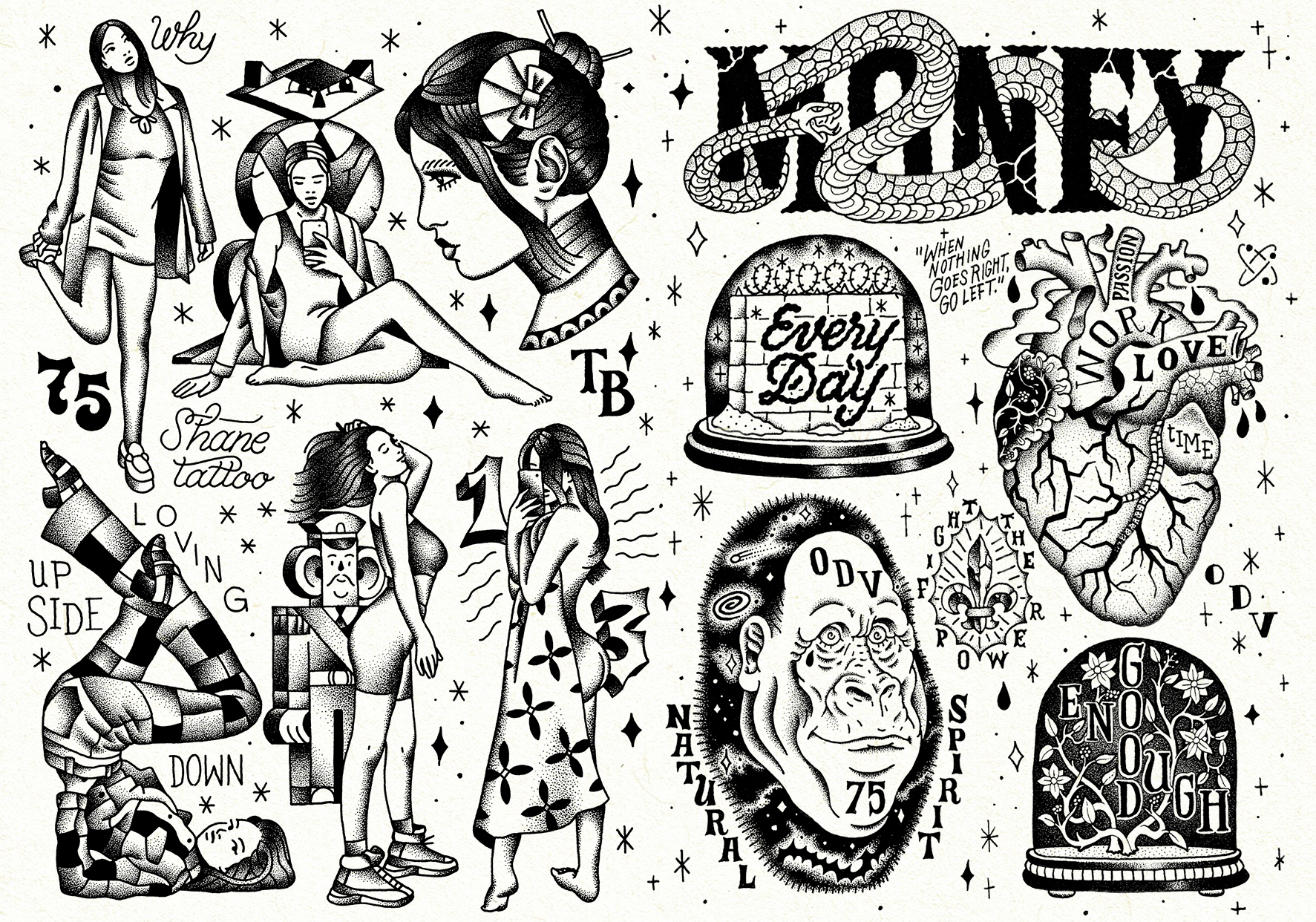 Planche de flashs de tatouage en noir et blanc par Shane Hello. L'illustration regroupe plusieurs motifs réalisés en dotwork et hachures : le mot « MONEY » enlacé par un serpent, un cœur anatomique gravé des mots « WORK LOVE PASSION TIME », une tête 