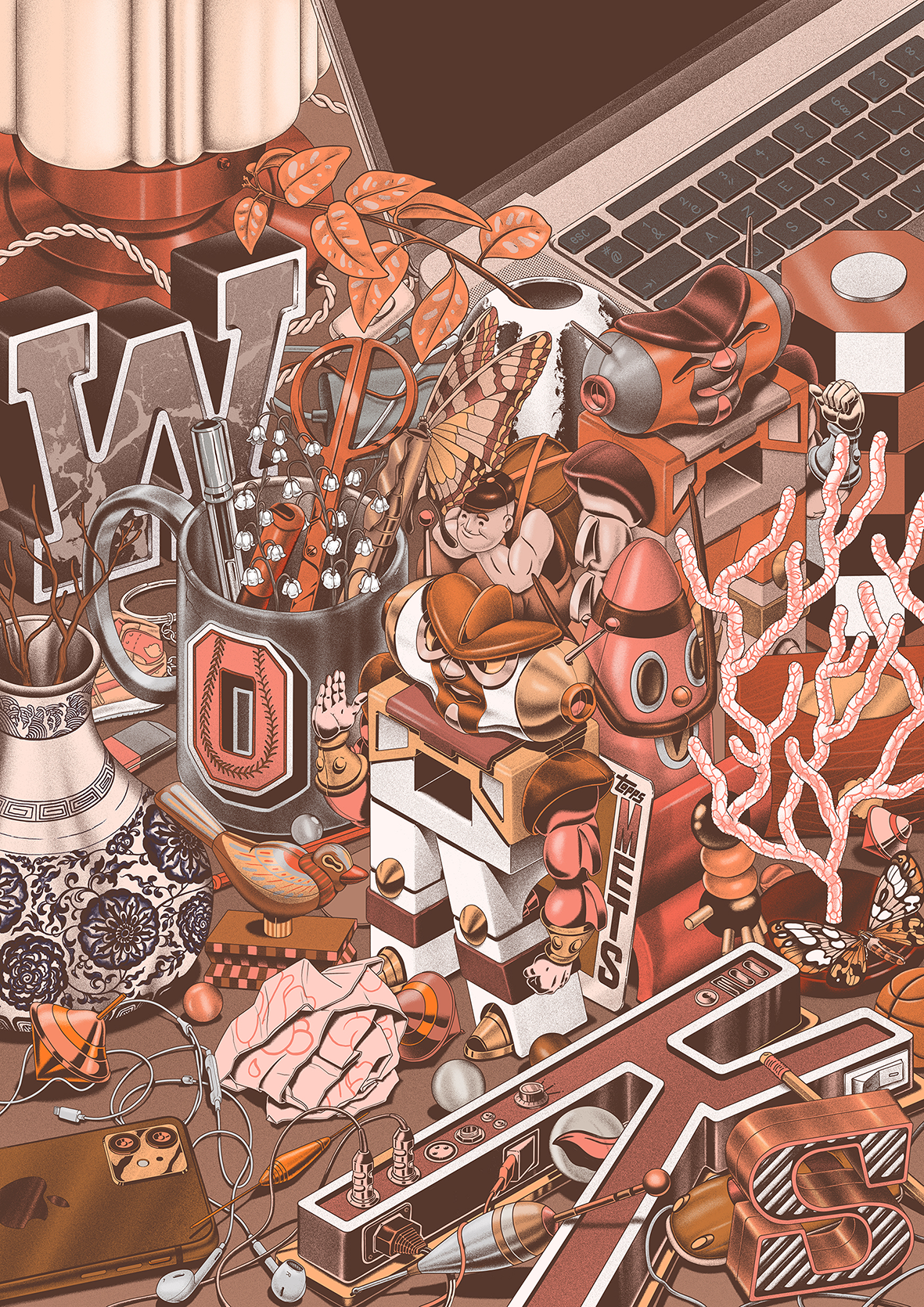 Ce projet d'illustration met en scène une composition de type nature morte (still life) revisitée, façon "bureau chiné" ou "cabinet de curiosités" contemporain. Réalisée dans une palette monochrome de tons terracotta, rouille et rose poudré, l'illust