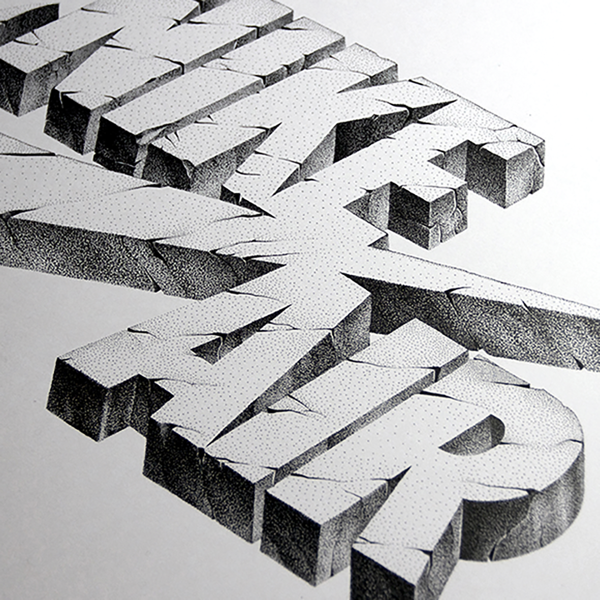 Gros plan sur une illustration en pointillisme (dotwork) noir et blanc réalisée par Shane Hello. Le logo "NIKE AIR" est représenté sous forme de blocs de pierre volumineux en 3D, présentant des fissures, de l'érosion et des ombrages minutieux créés p