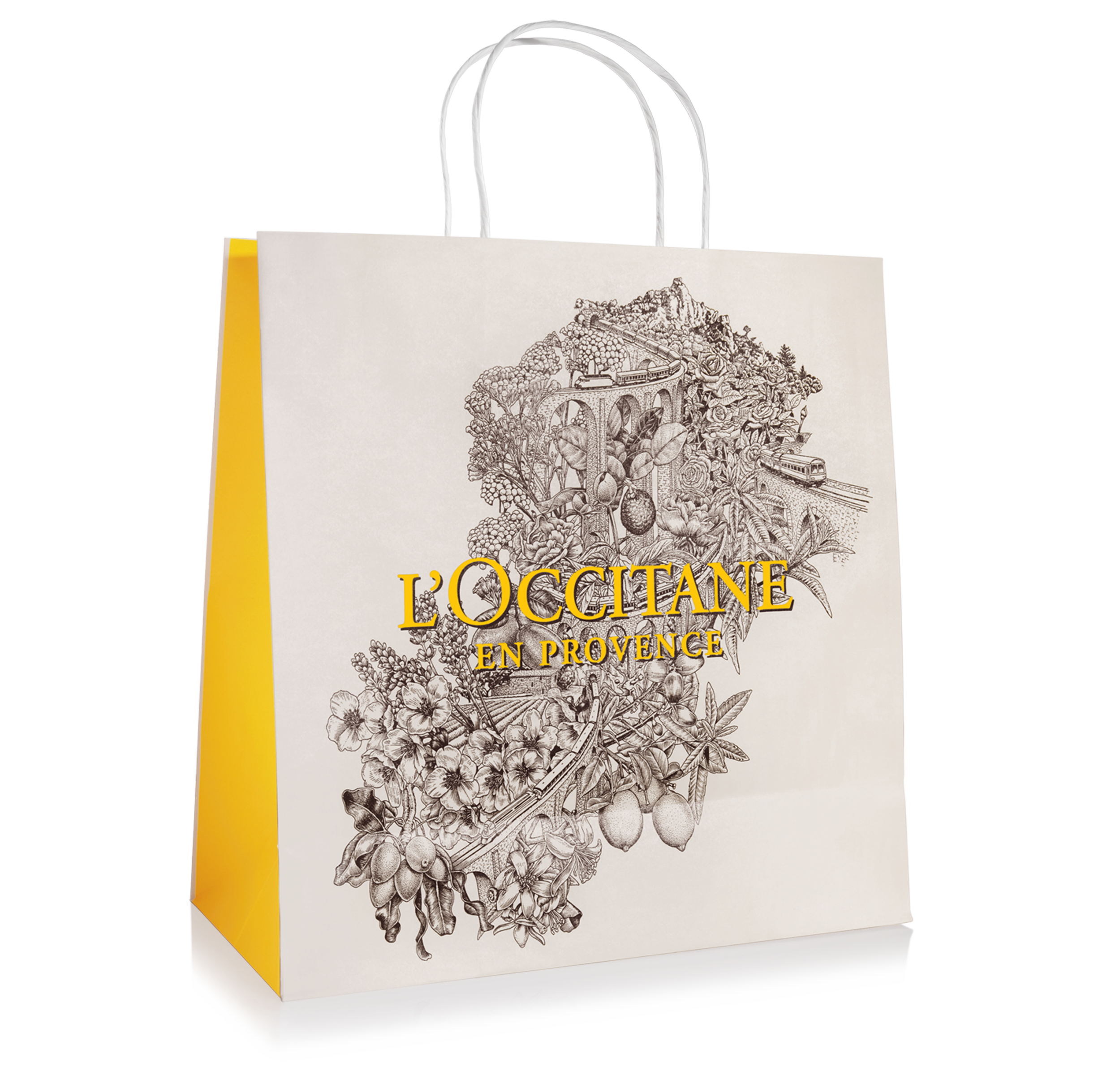 Sac en papier shopping de la marque L'Occitane en Provence avec des côtés jaunes. La face principale présente une illustration poétique et détaillée en gravure/pointillisme réalisée par Shane Hello, combinant des éléments botaniques (fleurs de lavand