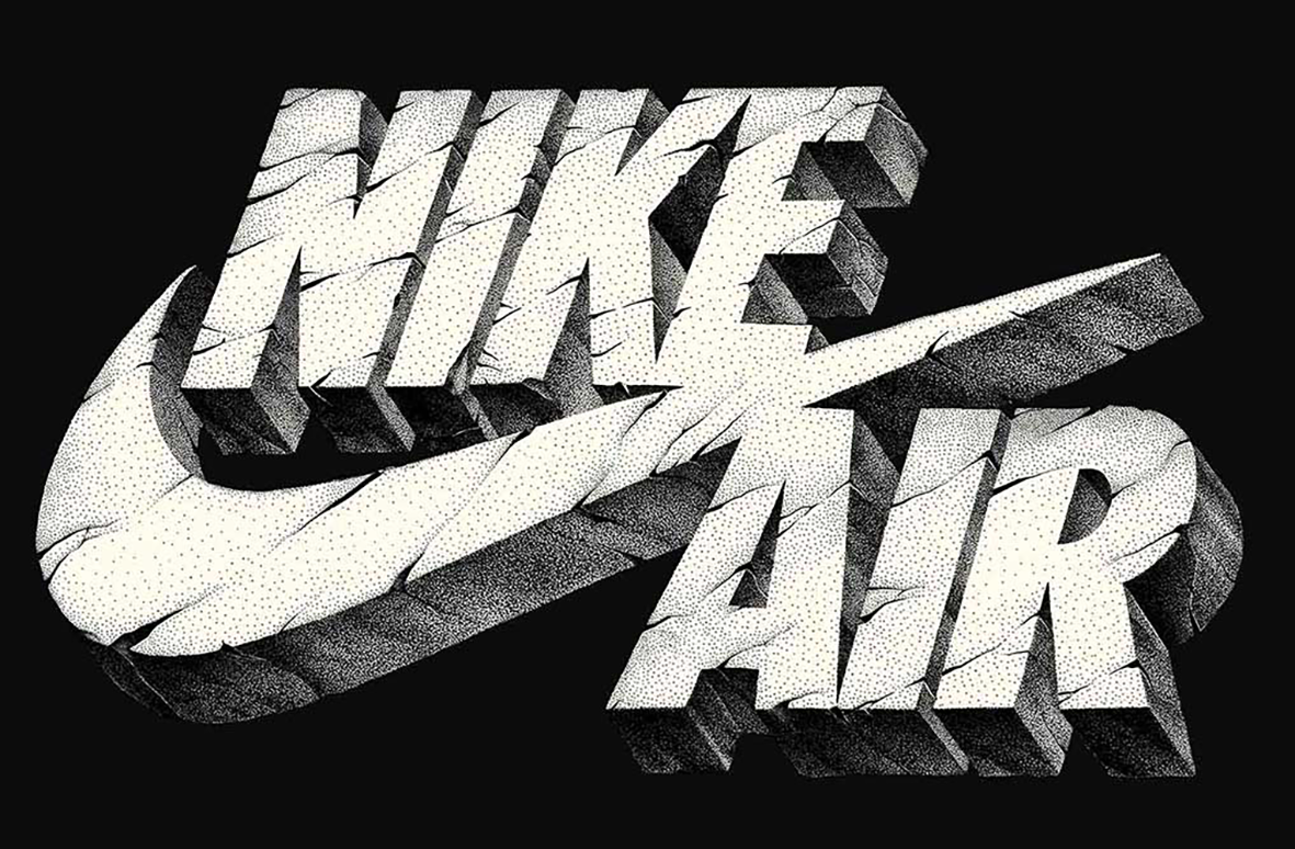 Illustration graphique en pointillisme (dotwork) sur fond noir de l'artiste Shane Hello. Le logo "NIKE AIR" et la virgule Swoosh sont représentés en 3D volumineuse, avec un effet de bloc de pierre sculptée, gravée et fissurée. Les volumes et la textu