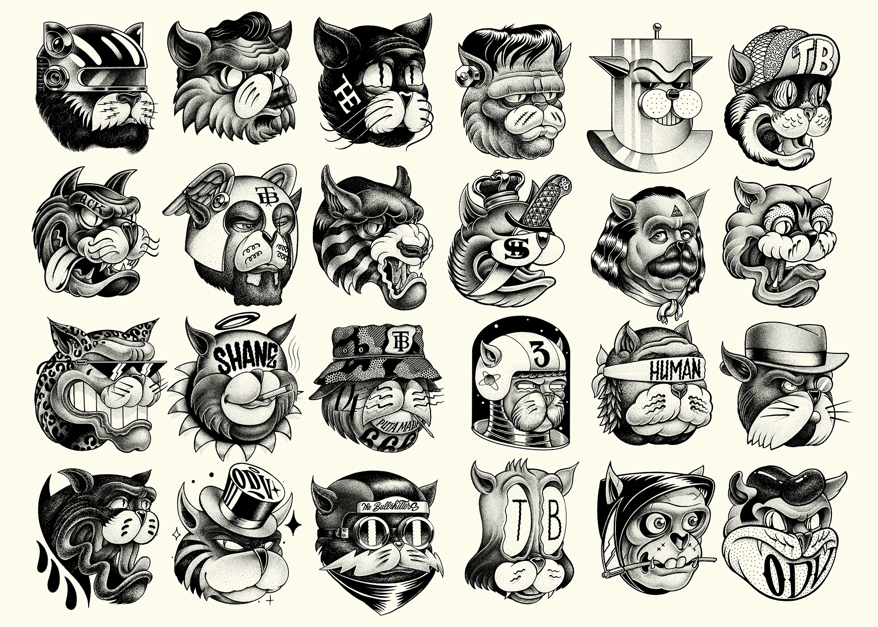 Planche de flash tattoos en noir et blanc par l'artiste Shane Hello, composée de 24 portraits de chats stylisés en dotwork et hachures. Les illustrations mélangent le style tatouage old school et cartoon vintage, intégrant des éléments pop culture co
