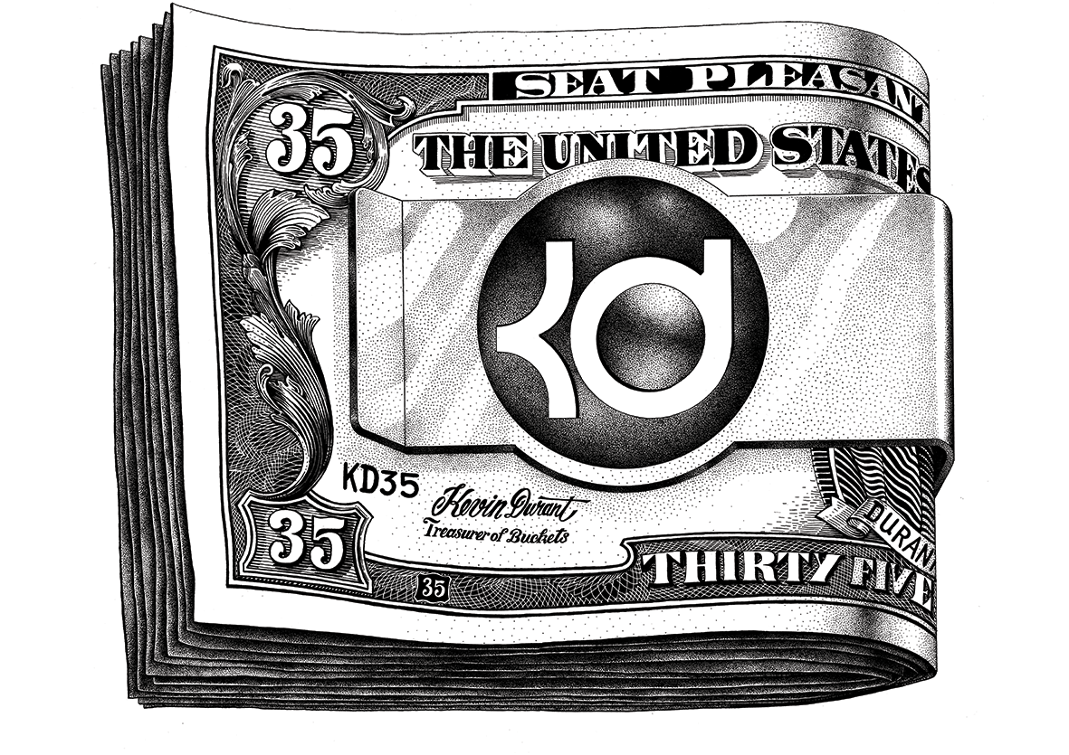 Illustration détaillée en pointillisme (dotwork) noir et blanc réalisée par l'artiste Shane Hello. Le visuel montre une liasse de billets de banque américains stylisés au chiffre 35 ("Seat Pleasant", signature Kevin Durant - Treasurer of Buckets), ma