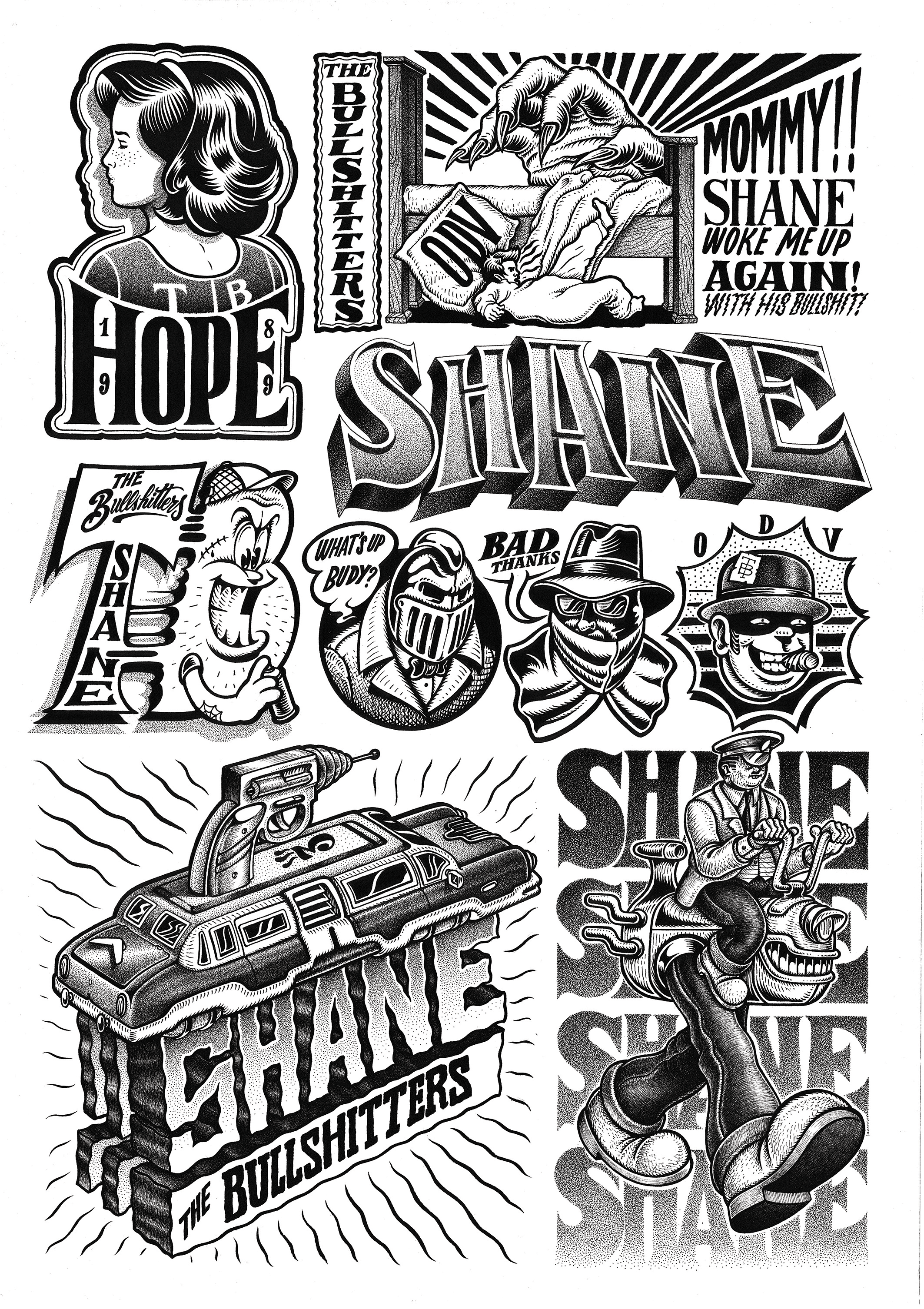 Planche d'illustrations rétro et flash tattoos en noir et blanc par l'artiste Shane Hello. La composition réunit divers dessins en dotwork et lettrages stylisés : un portrait de femme vintage avec l'inscription « HOPE 1989 », une main monstrueuse att