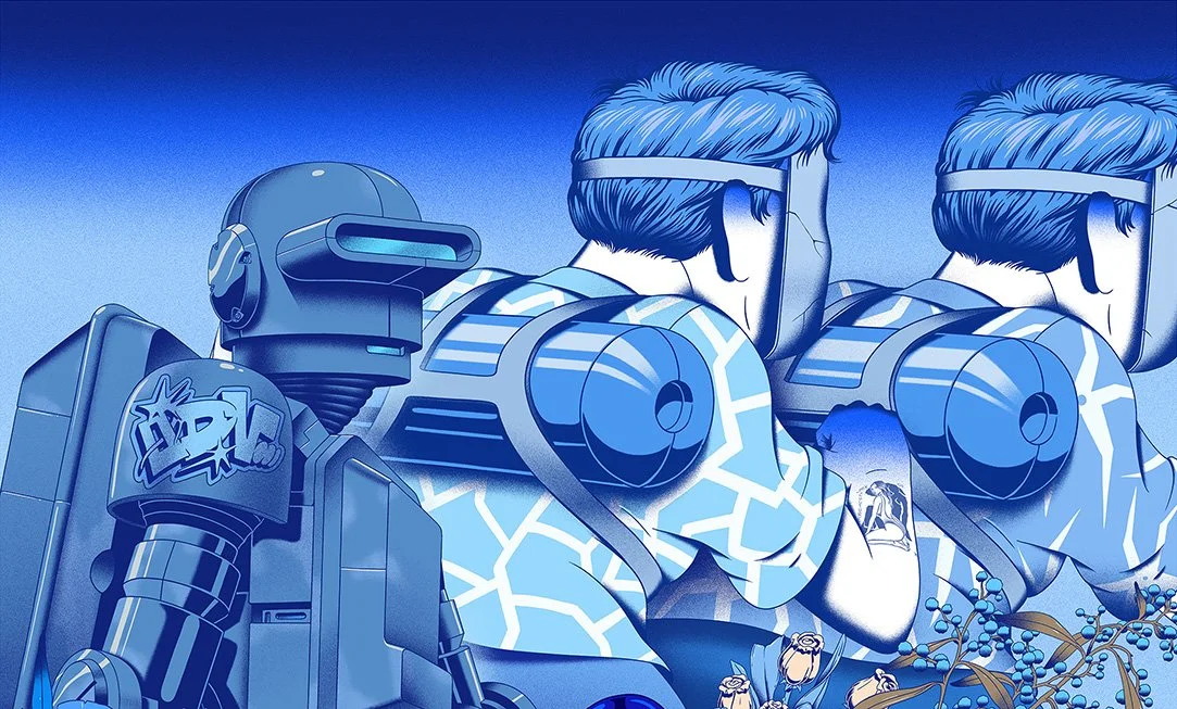 Gros plan sur une fresque murale bleue montrant un robot futuriste et deux personnages avec visières et sacs à dos.