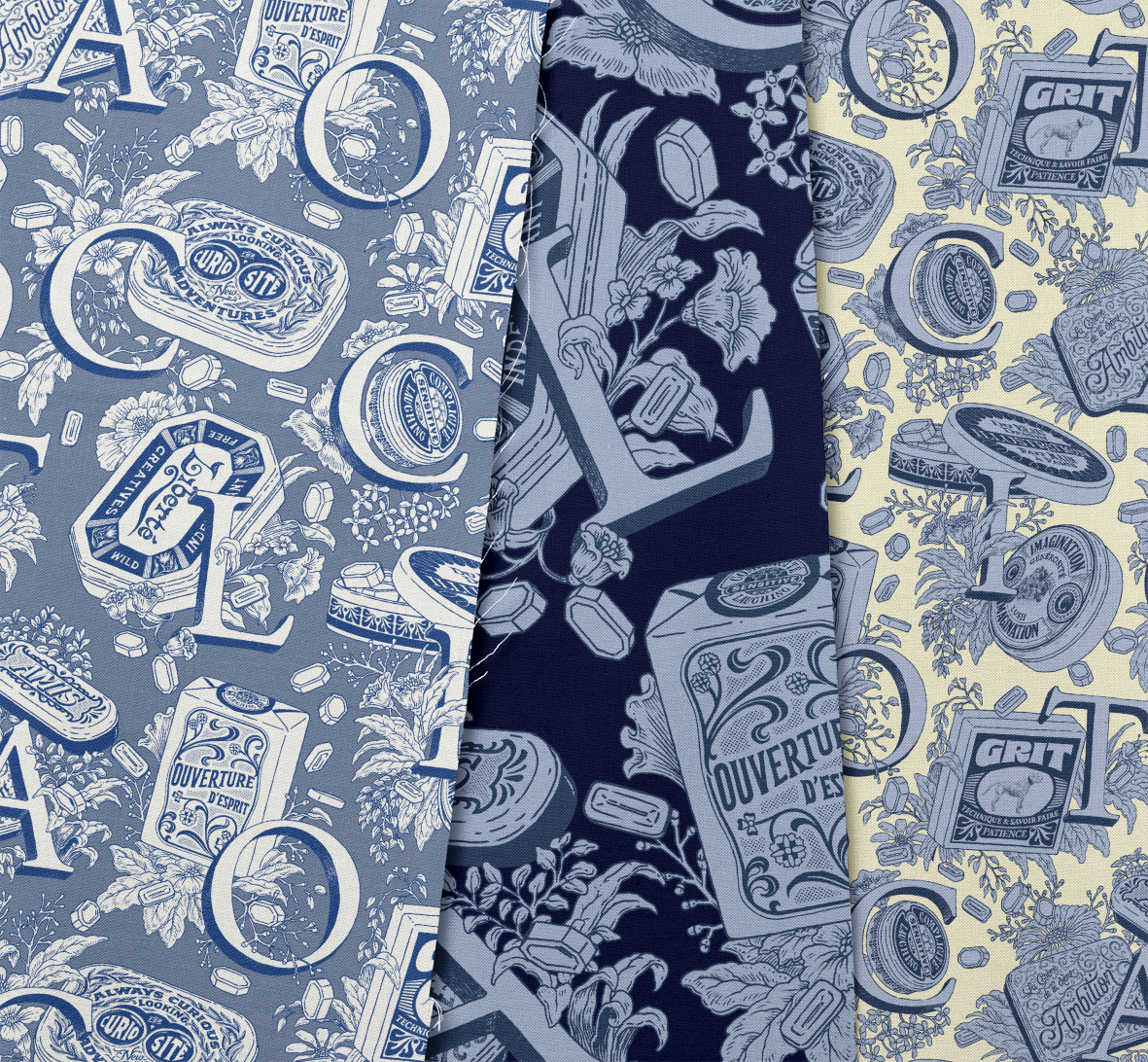 Échantillons de tissu superposés montrant un motif répétitif de style Toile de Jouy revisité par l'artiste Shane Hello. Le visuel à l'encre fine combine de grandes lettres typographiques (CALICOT), des boîtes et emballages vintage illustrés d'inscrip
