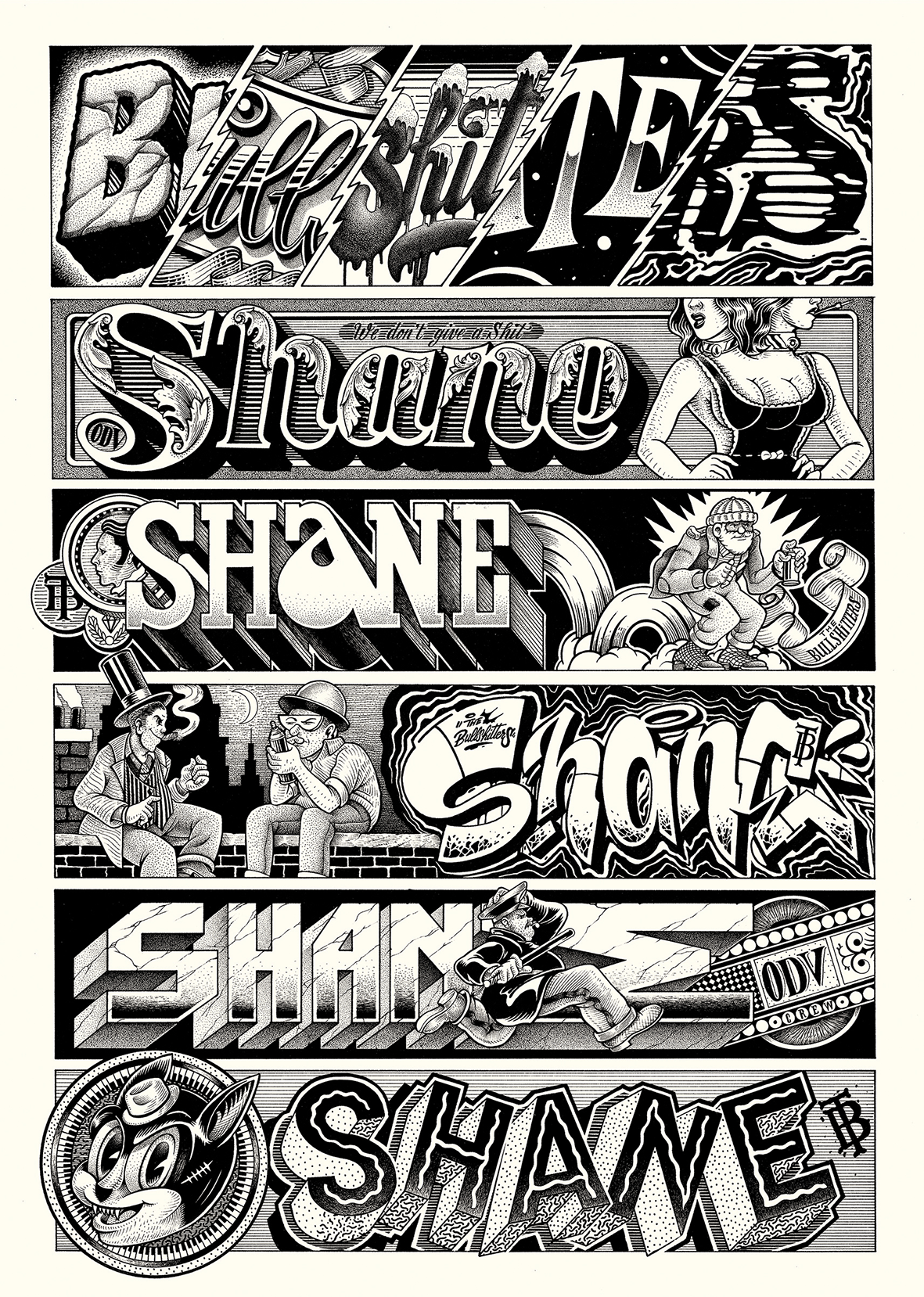 Planche d'illustrations typographiques en noir et blanc par l'artiste Shane Hello, découpée en six bandes horizontales style bande dessinée (BD). L'œuvre rassemble divers lettrages personnalisés du mot « SHANE » et du mot « BULLSHITTERS » en dotwork 