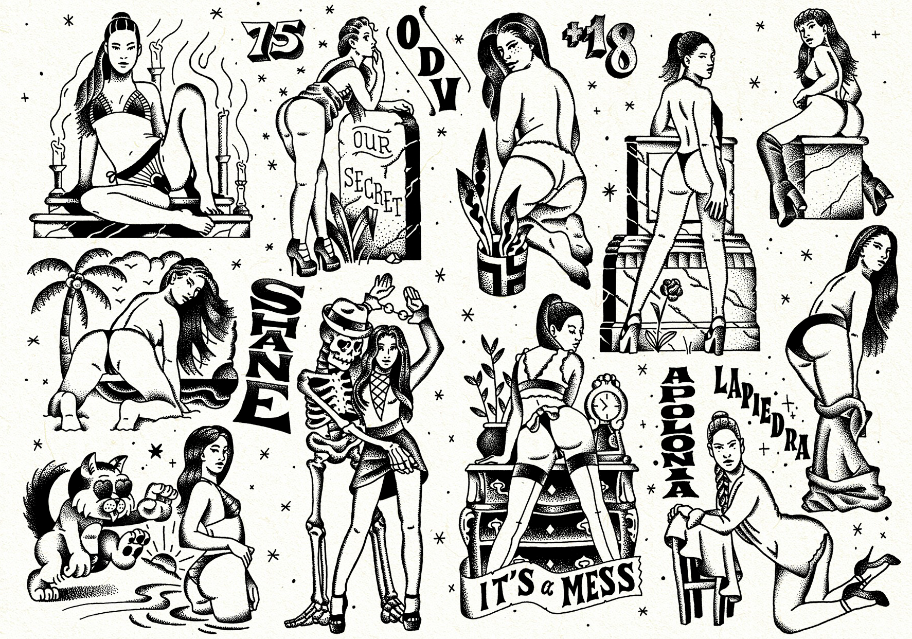 Planche de flashs de tatouage en noir et blanc par Shane Hello représentant des pin-ups de style gothique et glamour. L'illustration rassemble une dizaine de motifs dessinés en dotwork et hachures : des figures féminines en lingerie ou maillot, une f