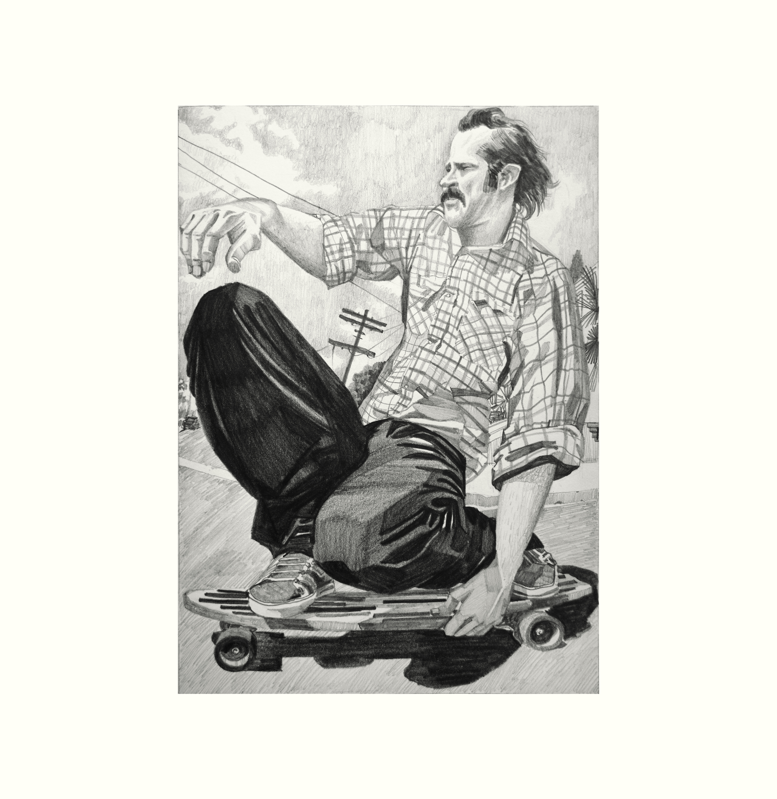 Dessin réaliste en noir et blanc au crayon de papier par l'artiste Shane hello, représentant le skateboarder pro et acteur Jason Lee réalisant une figure de skate vintage.