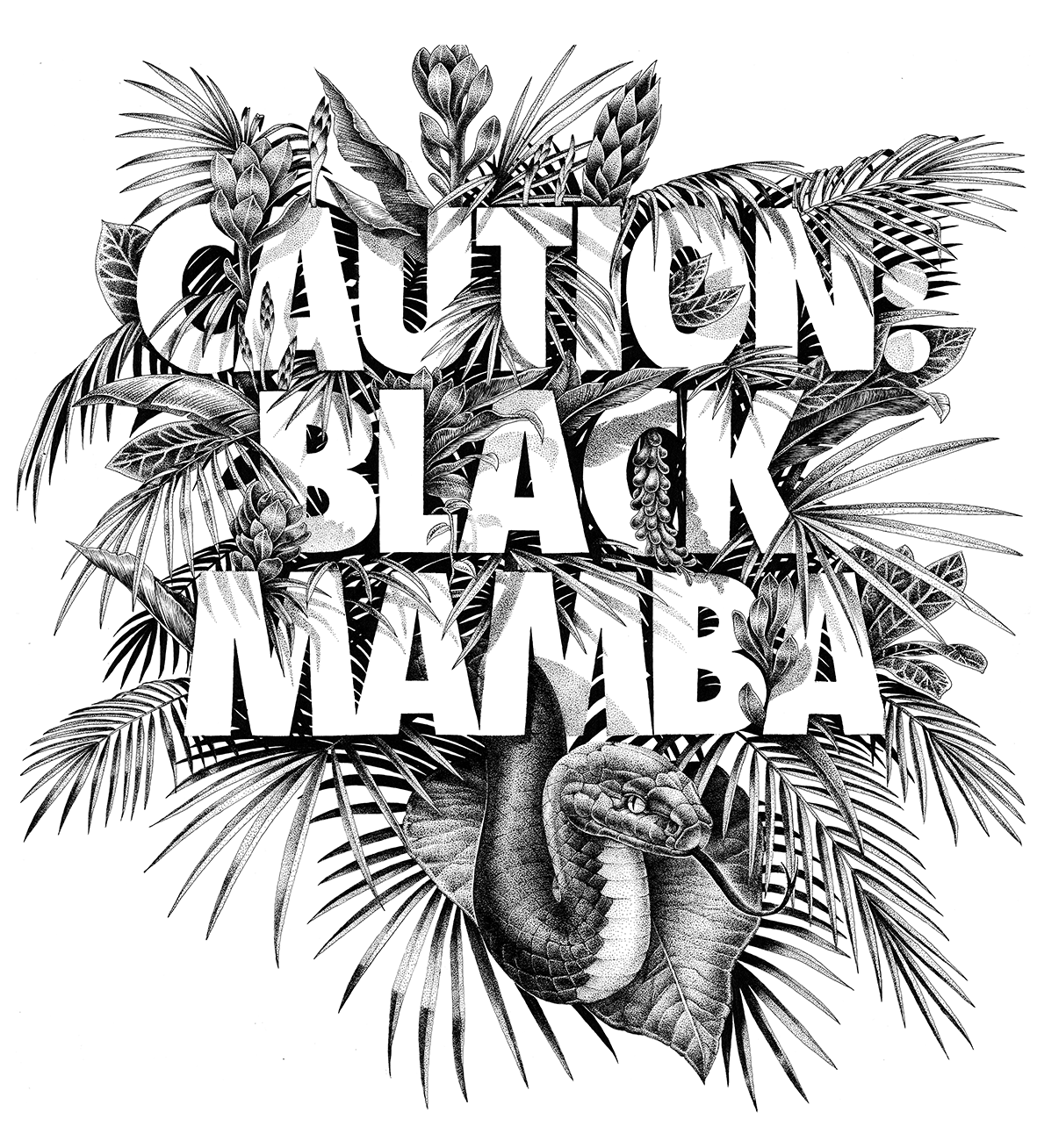 Dessin pointilliste détaillé en noir et blanc de l'illustrateur Shane Hello, montrant un serpent mamba noir au centre, entouré de feuilles de palmier et de fleurs tropicales. Le texte "CAUTION: BLACK MAMBA" en grandes lettres blanches se détache sur 