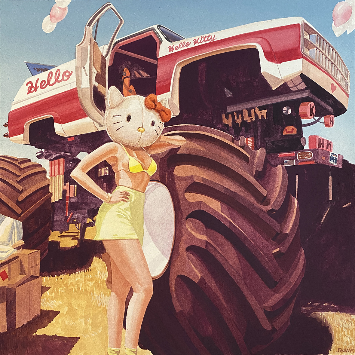 Peinture sur toile de l'artiste Shane hello représentant un personnage pin-up à masque d'Hello Kitty posant devant un monster truck géant rouge et blanc sous un ciel bleu.