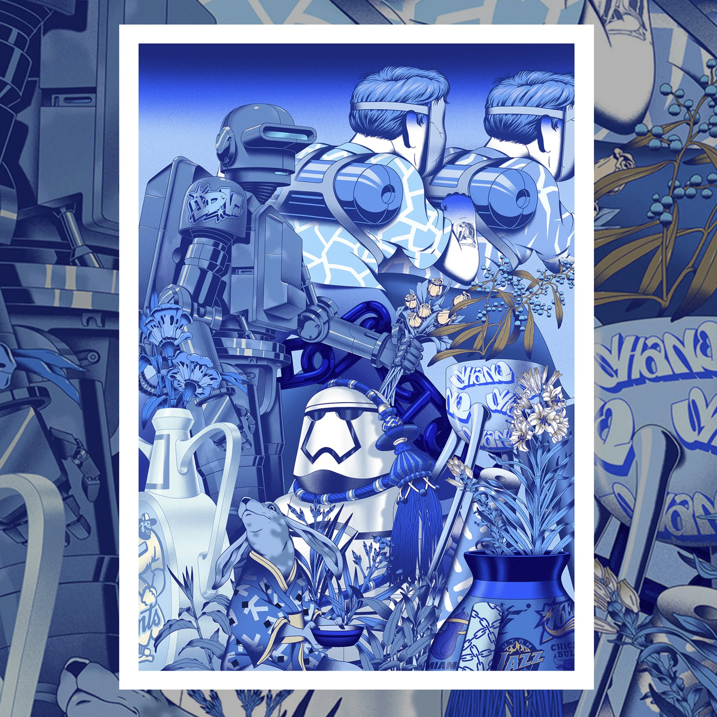 Illustration murale street art monochrome bleu avec robot, personnages de science-fiction, motifs graffiti et nature morte florale.